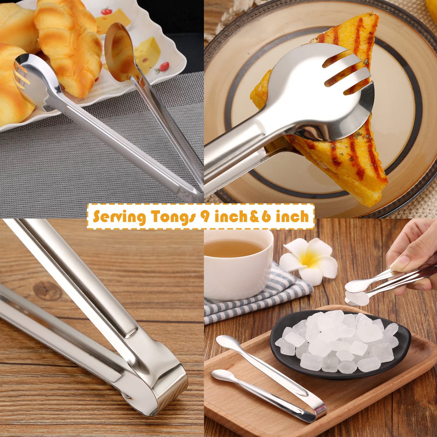 Iaxsee 10 Pcs Stainless Steel Serving Utensils, Large Serving Spoons Slotted Spoons, Serving Forks, Serving Tongs, Ice Suger Ton