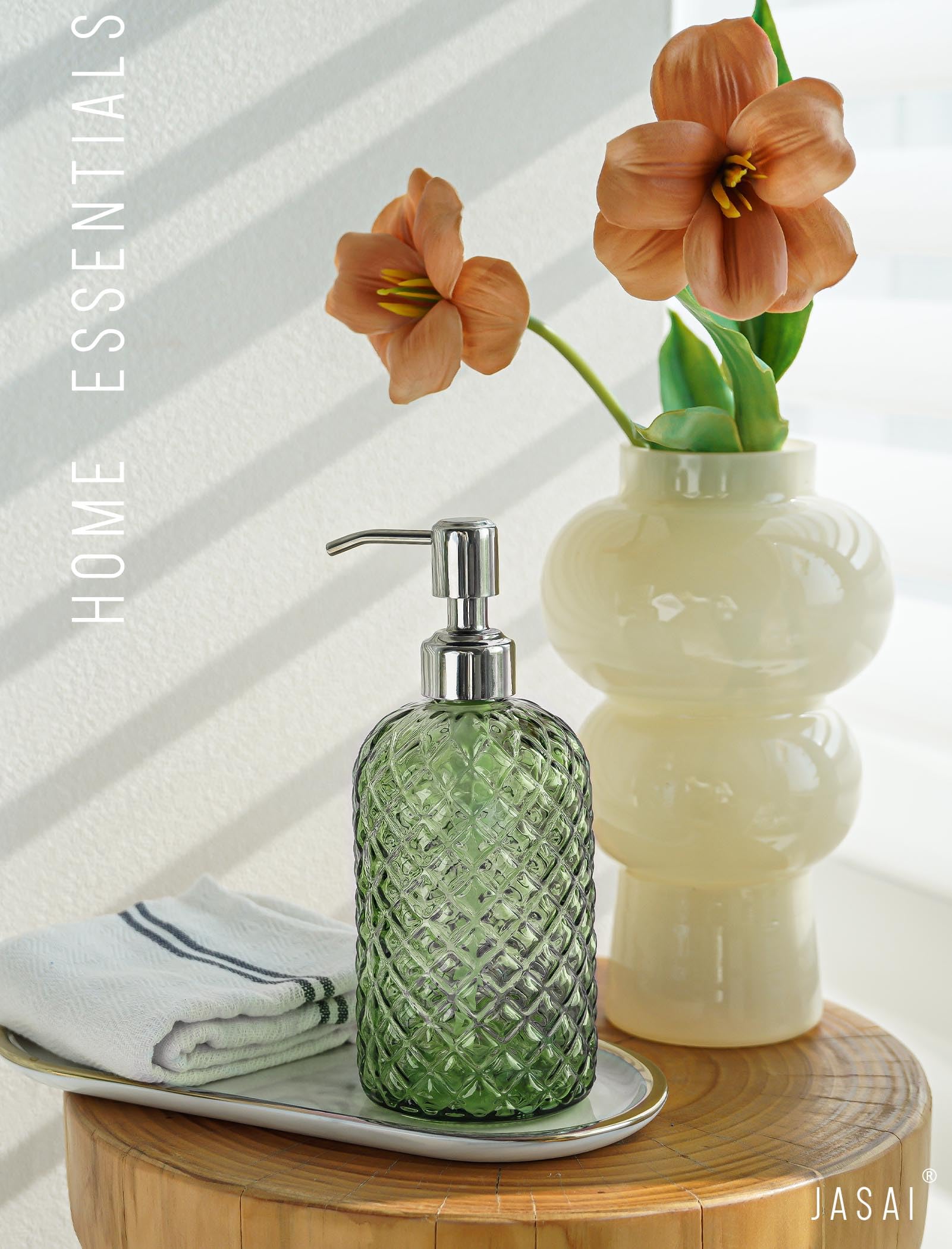 Jasai 18Oz Tea Green Soap Dispenser With Rust Proof Pump, Refillable Glass Soap Dispenser For Bathroom & Kitchen To Dispense Dis