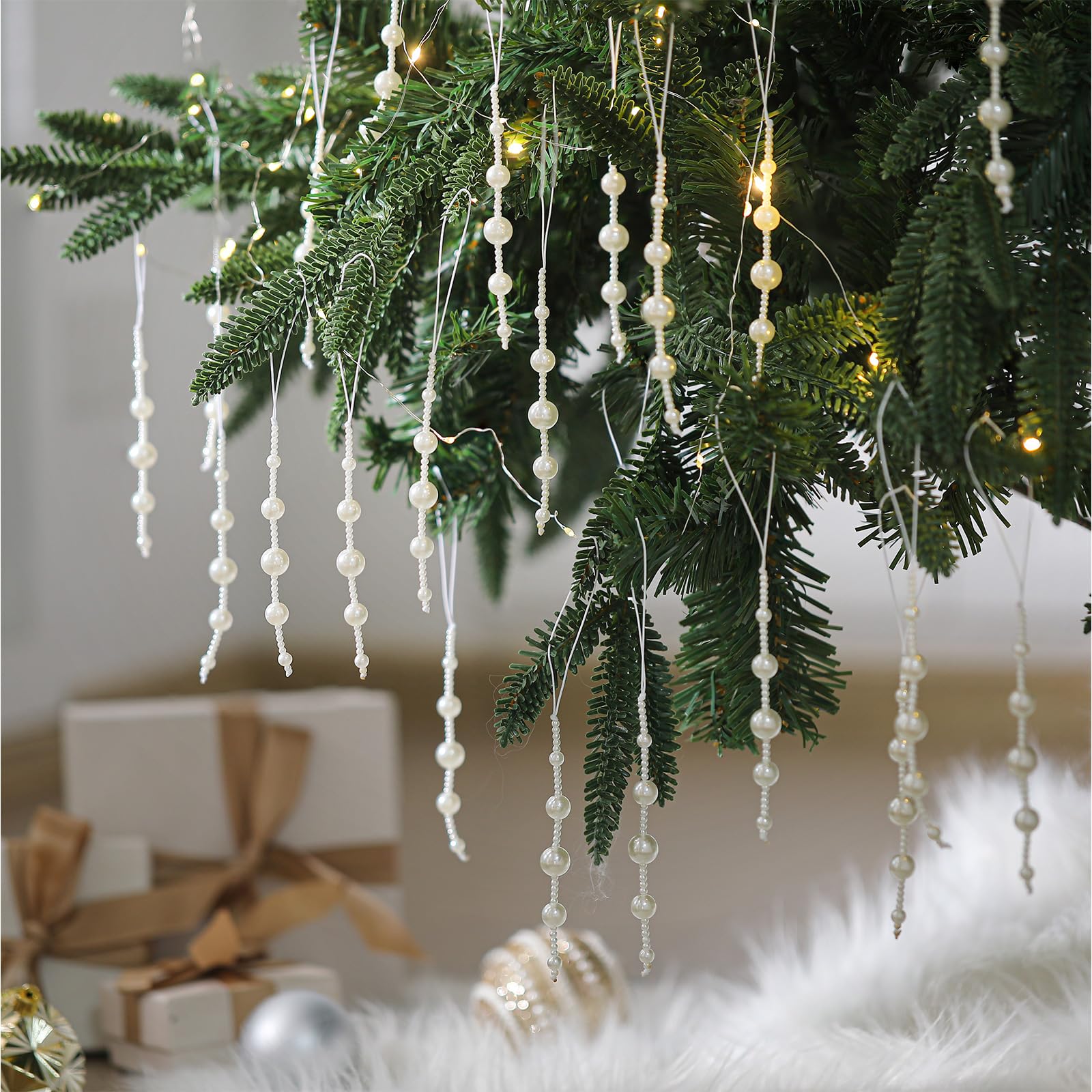 Leyndo 24 Pcs Christmas Pearl Ornament White Beads Christmas Tree Decorations Faux Pearl Hanging Ornament for Indoor Outdoor Xma