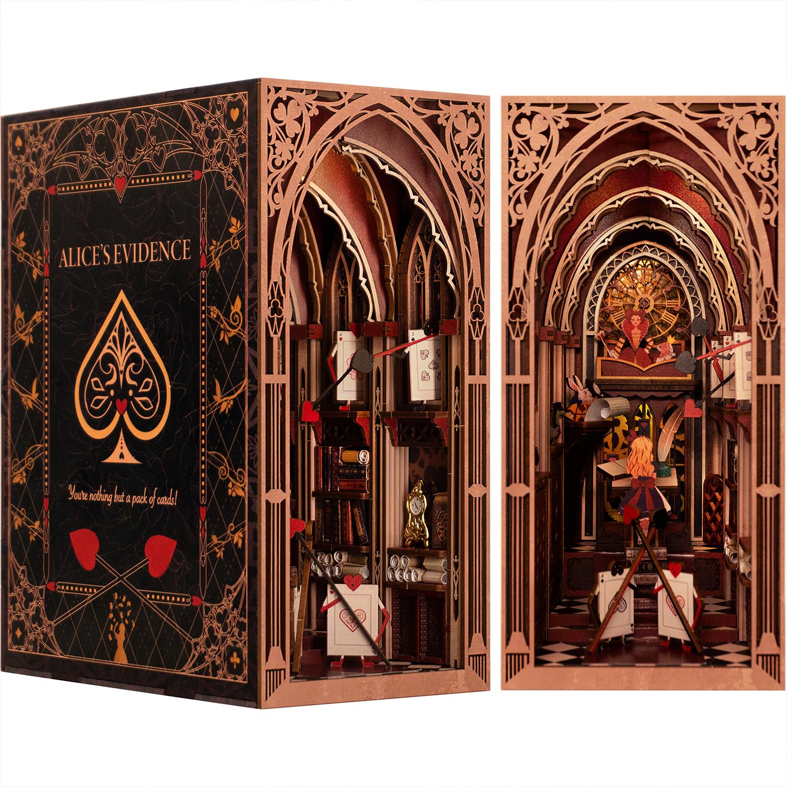 MiniCity DIY Book Nook Kit for Adults, 3D Wooden Puzzle Bookend Bookshelf Insert Decor with LED Light and Dust Cover (Alice in W