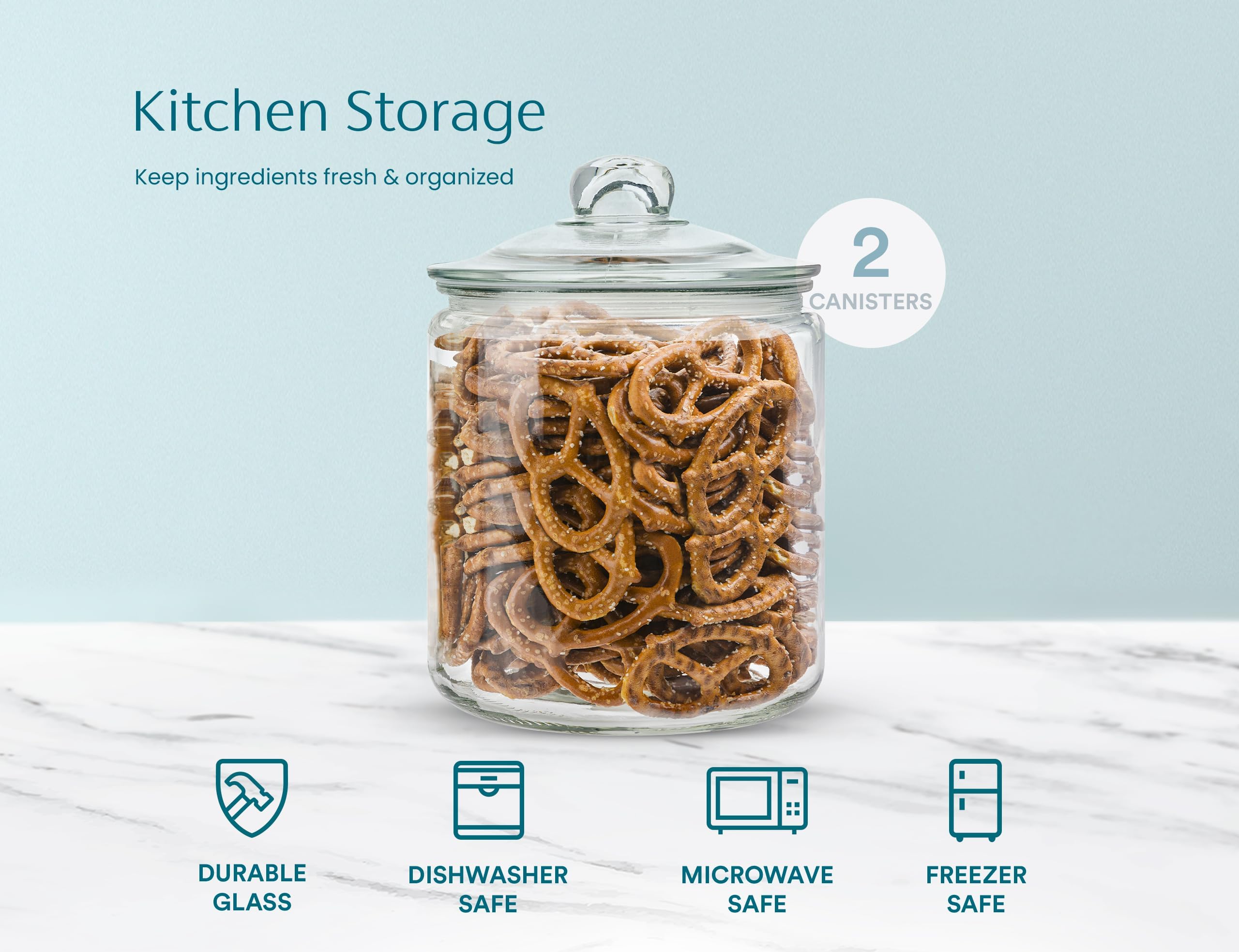 KooK Glass Kitchen Jars - Airtight 1 Gallon Storage Canisters, Set of 2, Clear, Dishwasher Safe, Perfect for Pantry & Bathroom