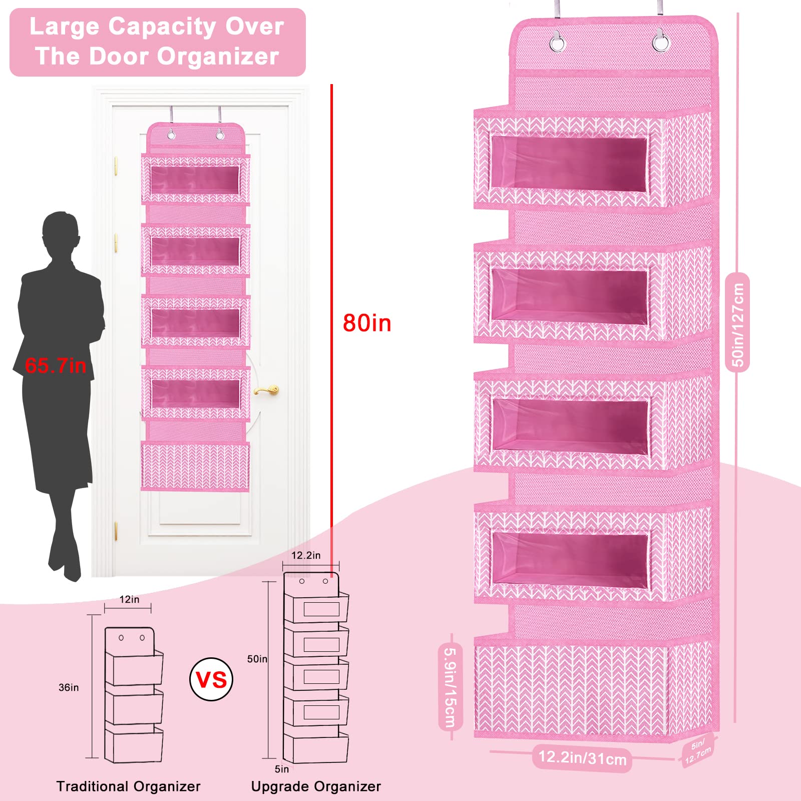 Veronly Over The Door Hanging Organizer With 5 Large Pockets - Wall Mount Pantry Storage With 2 Big Metal Hooks For Baby Girls D