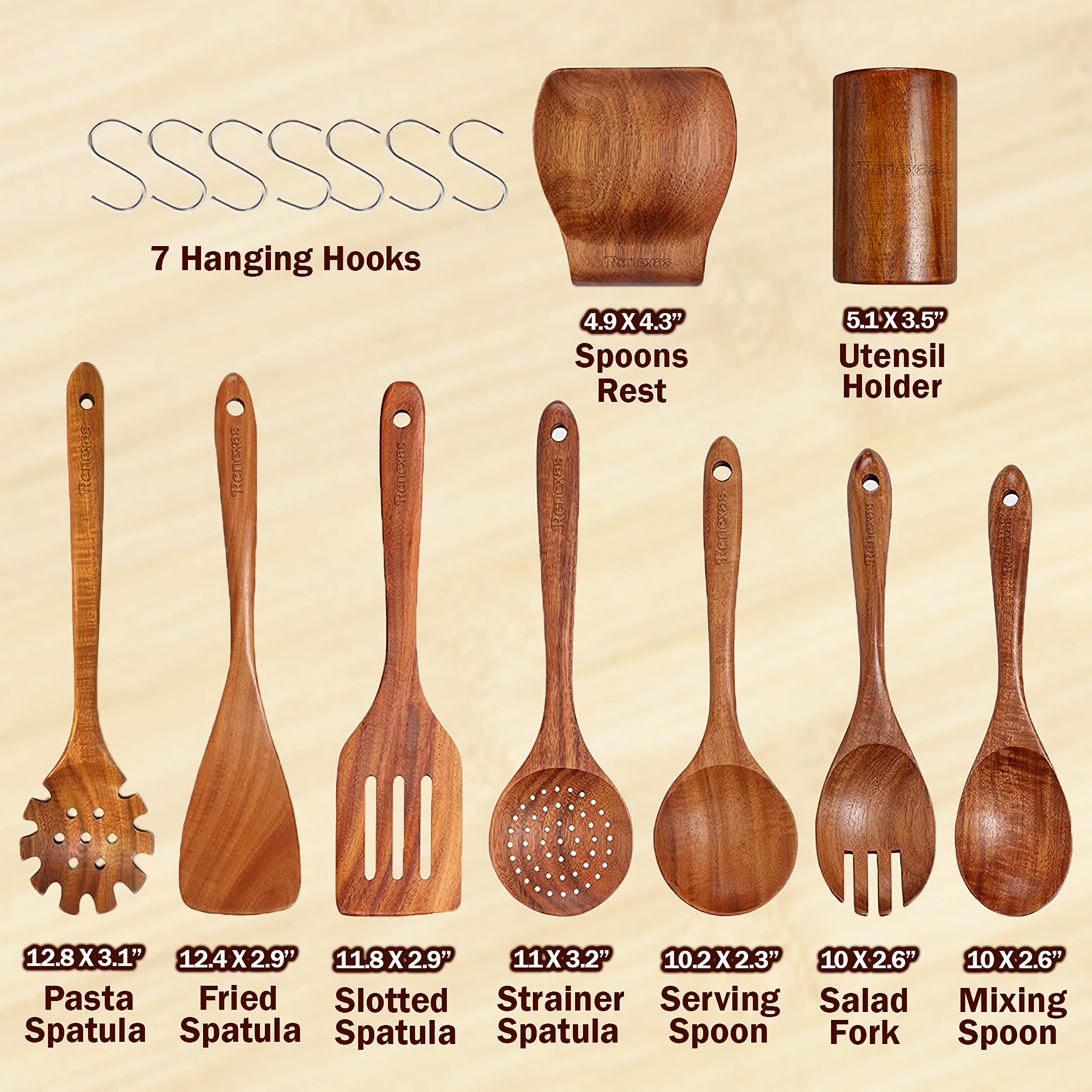 Renexas 9 Pcs Wooden Spoons For Cooking Utensils, Natural Teak Wooden Cooking Spoons With Nonstick Spatula Set, Bamboo Kitchen U