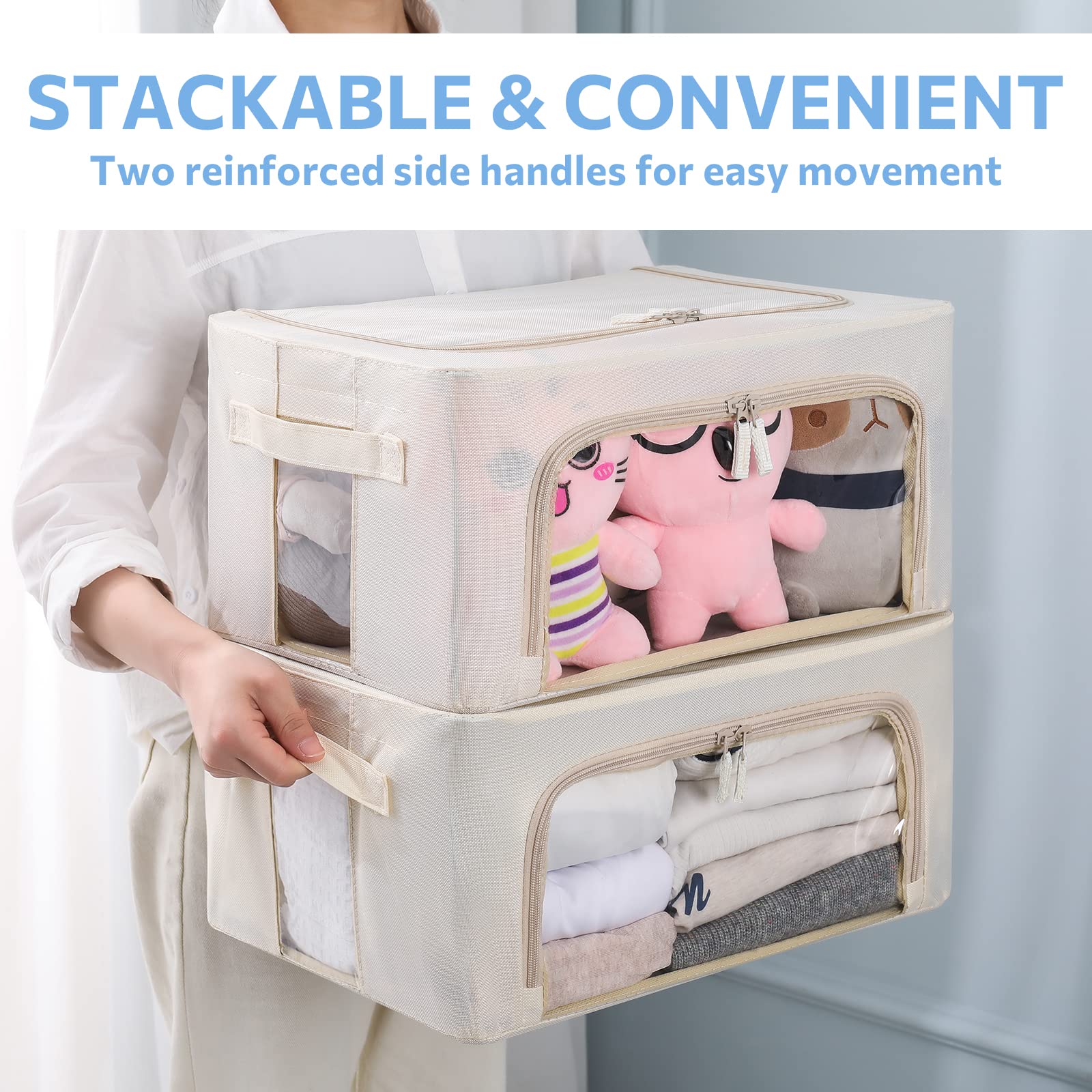 3Pack Frame Storage Box - Clothes Storage Bin Bags Oxford Fabric Foldable Stackable Container Organizer Set with Clear Window &