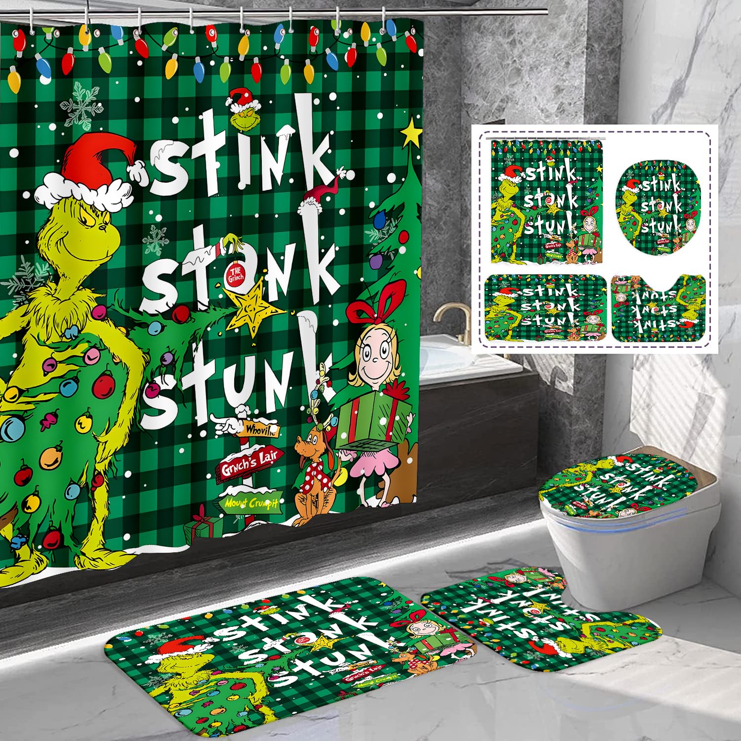 4 Pcs Christmas Bathroom Set, Shower Curtain, Non-Slip Rugs, Toilet Lid Cover and Bath Mat - 72 X 72 Inches with Hooks - Holiday