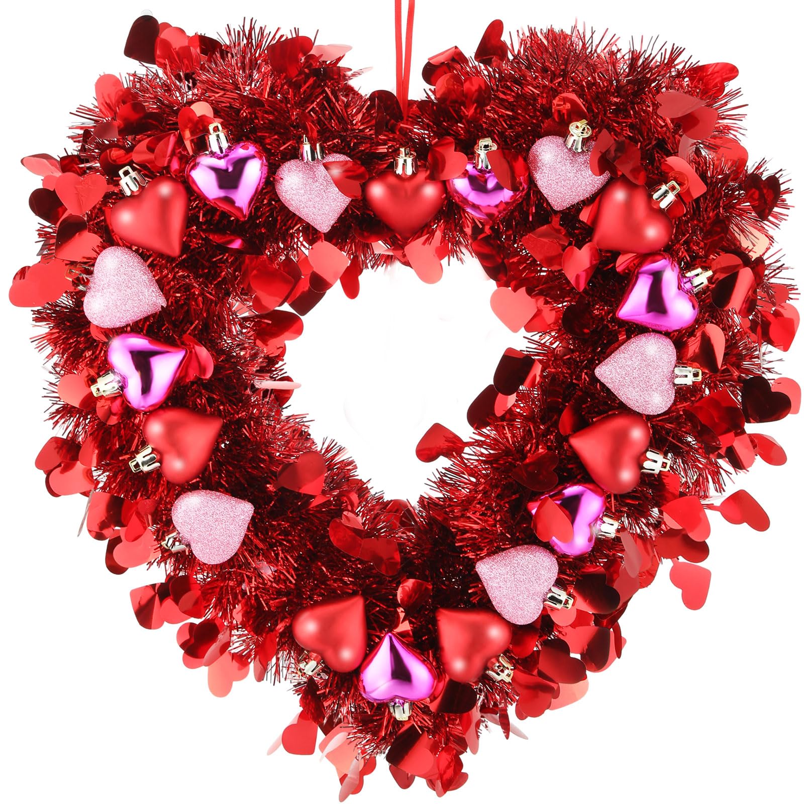 Hotop Valentines Day Wreath for Front Door Valentines Heart Shaped Tinsel Garland Hanging Heart Wreath Decor for Home Birthday W