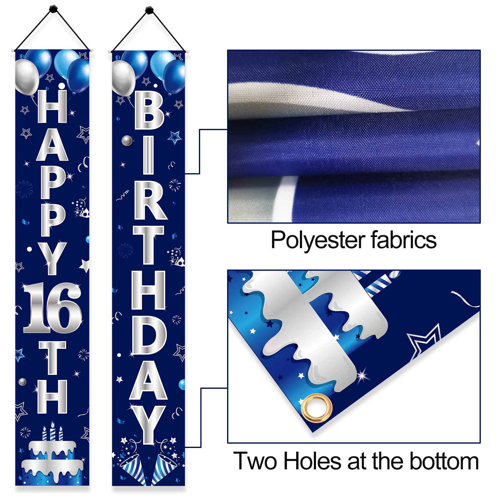 Turypaty Blue Silver 16Th Birthday Door Banner Decorations, Happy 16 Birthday Party Porch Sign Supplies For Boys, Sweet 16 Year