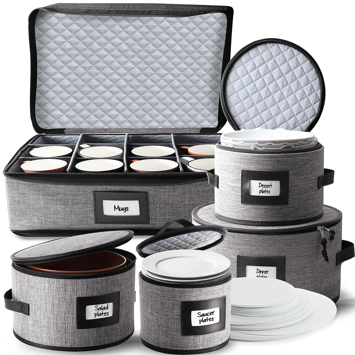 Fine China Storage Containers Hard Shell - 5 Piece Dish Storage Containers, Quilted And Stackable Mug Storage And Plate Storage