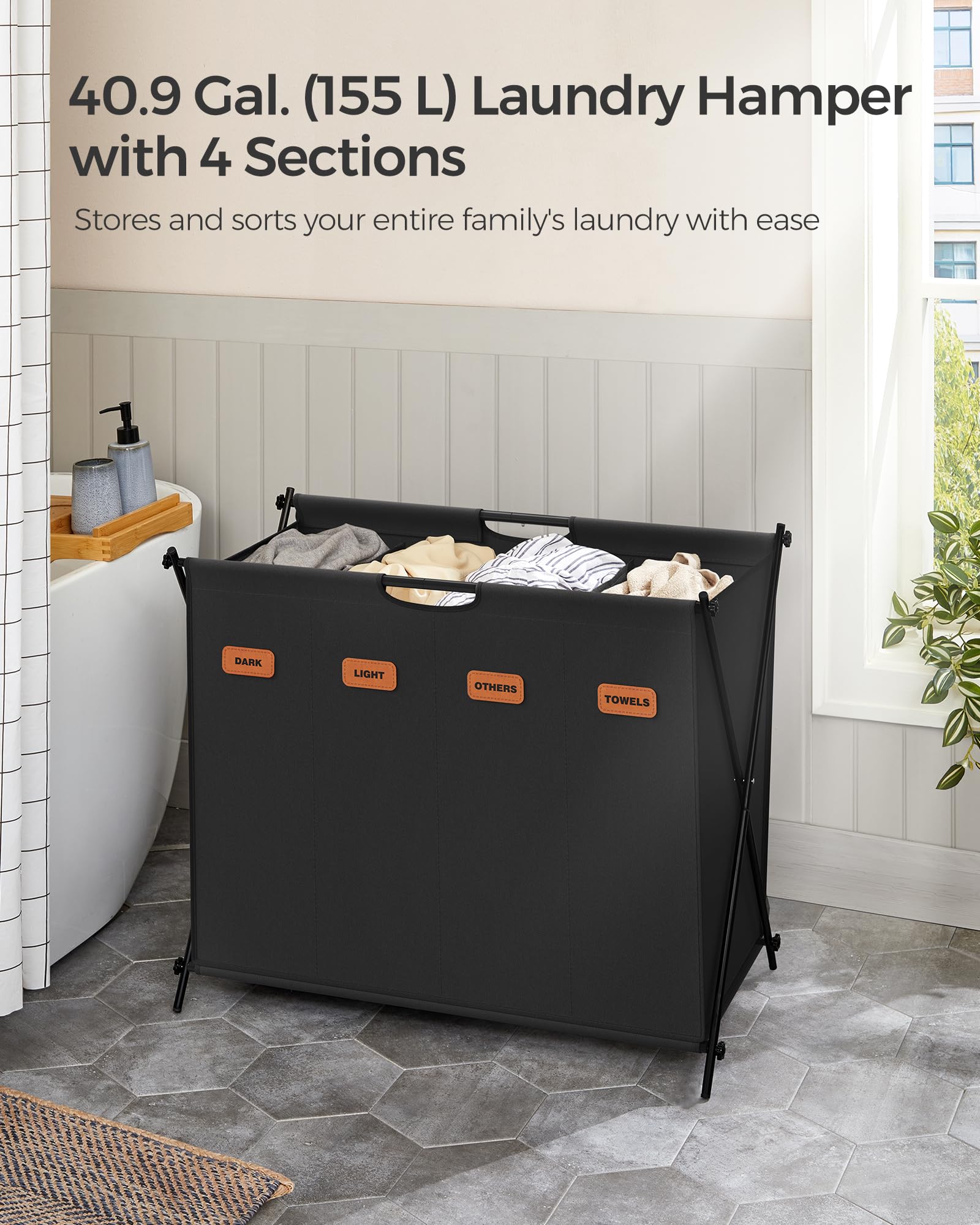 Songmics Laundry Hamper, Laundry Basket, 40.9 Gal. Laundry Sorter 4 Sections, Collapsible X-Frame, Clothes Organizer With Custom