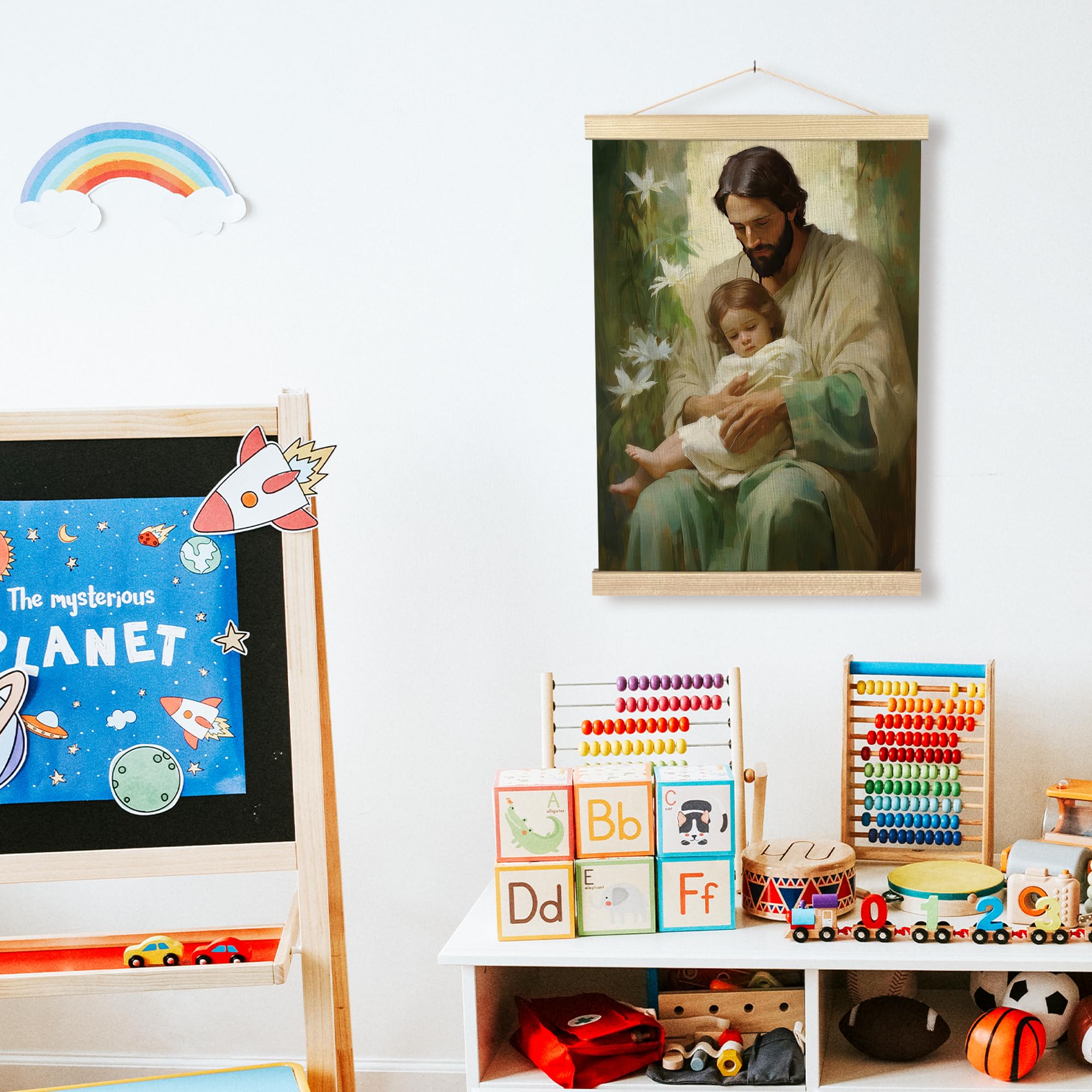 BCUANGD Christian Jesus Wall Art - Religious Divine Mercy Wall Decor Poster Hanger with Wood Frames, Serenity Prayer Baby God Wa