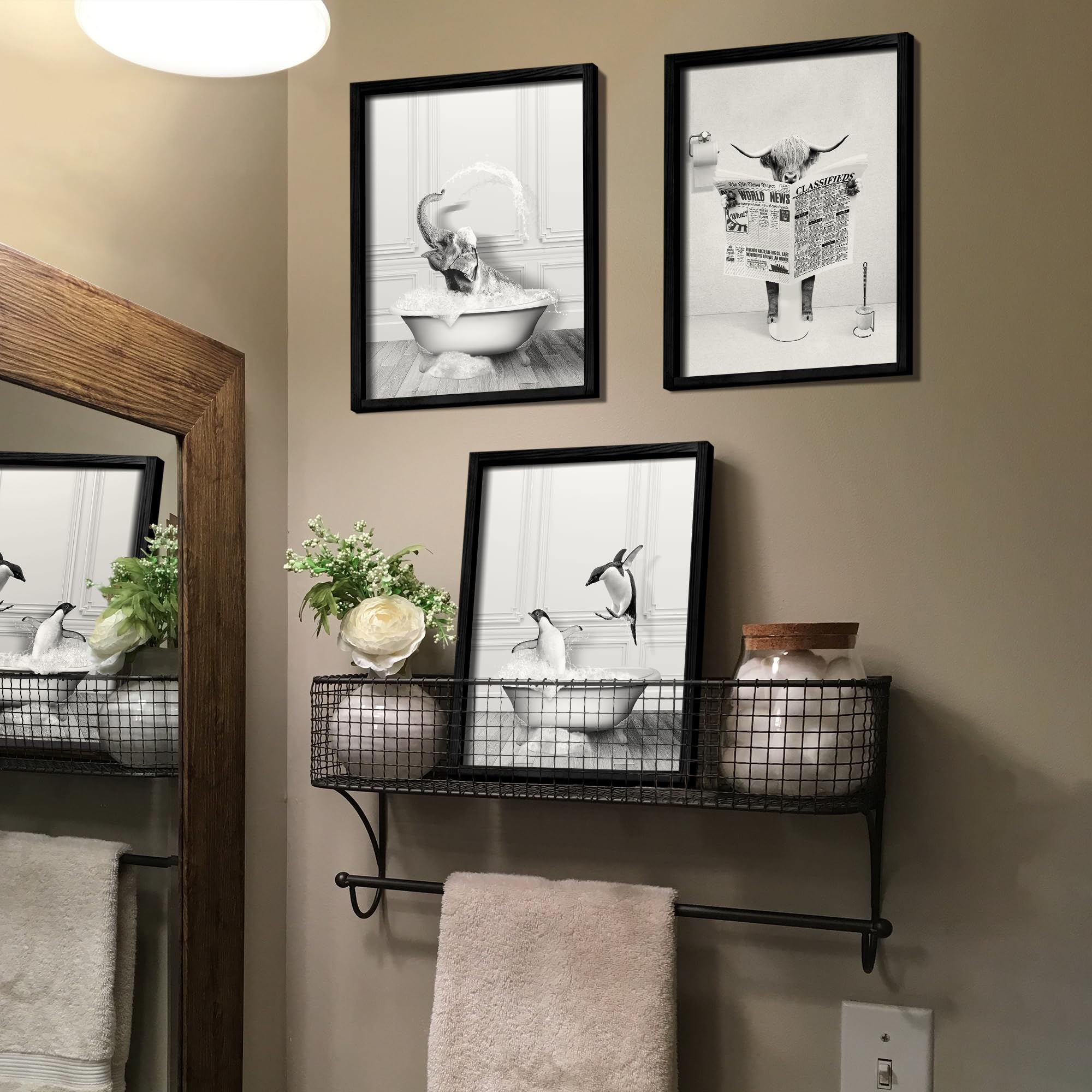 Heiple Framed Bathroom Wall Art Set Of 3 Funny Animals - Penguin, Cow, Elephant - Farmhouse Style - Black, 11''X14''