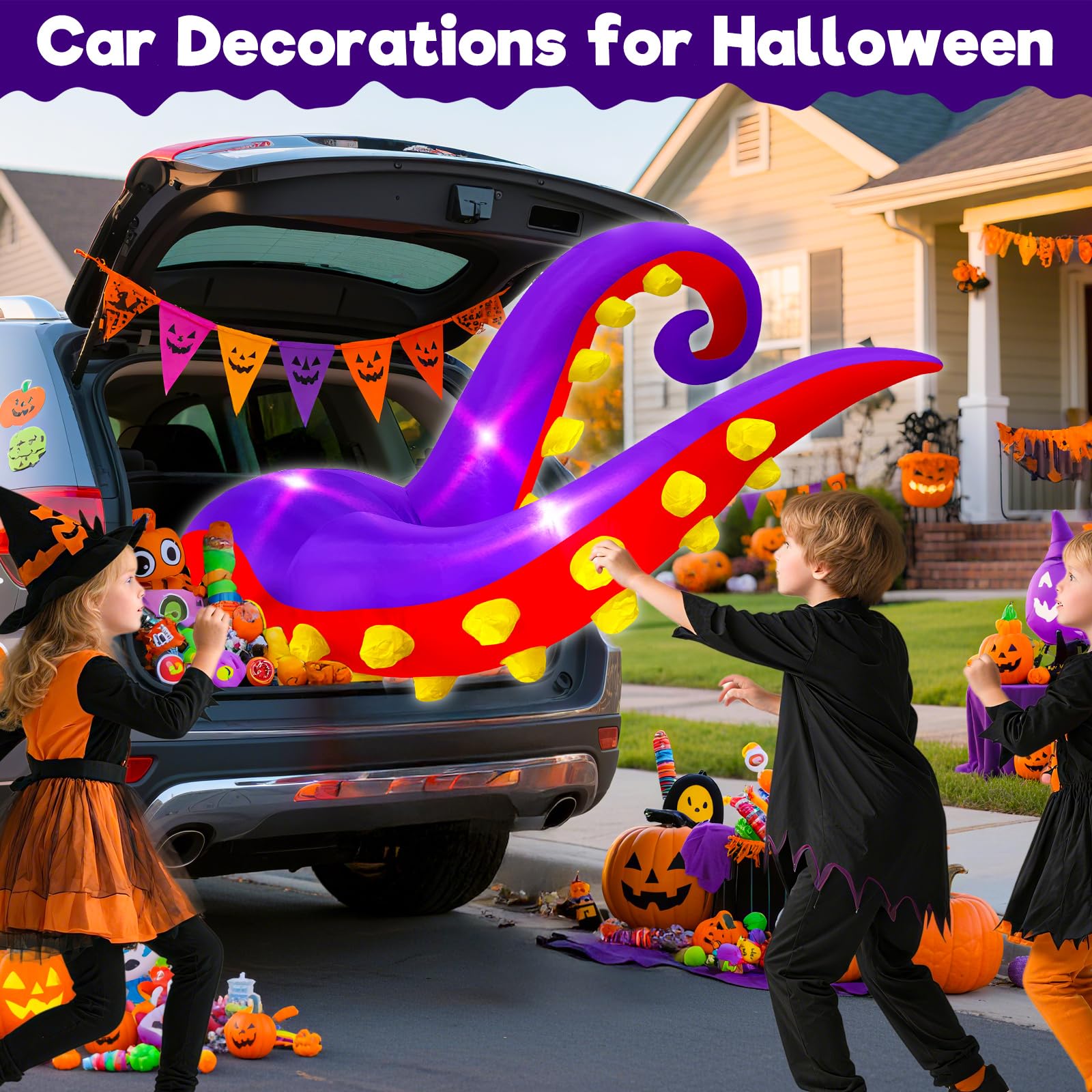 4.5 FT Halloween Inflatable Trunk or Treat Car Decorations Octopus Tentacles Broke Out from Car Window with 3 Built-in LEDs Ligh