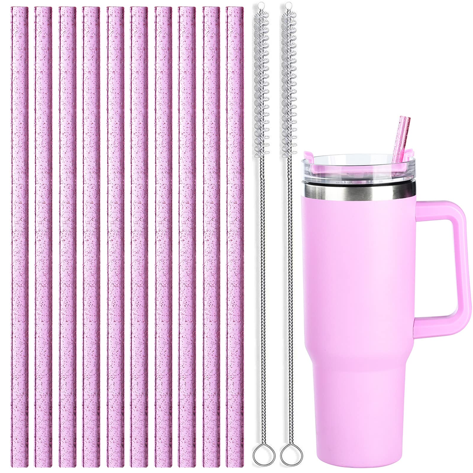 Alink 10 Pack Pink Replacement Straws For Stanley 40 Oz 30 Oz Tumbler, 12 In Long Reusable Plastic Glitter Straws For Stanley Cu