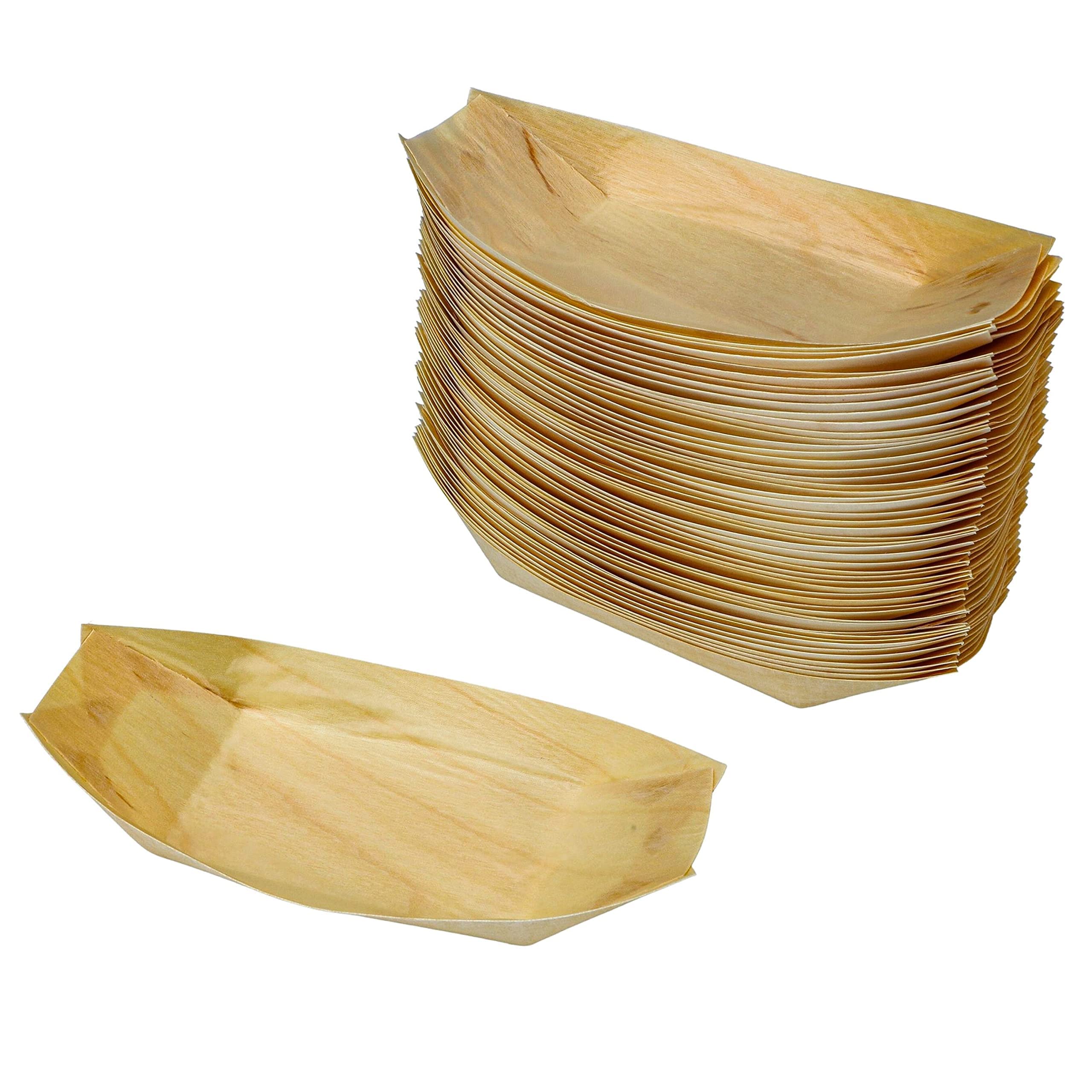 Snowkingdom 200 Pack 5'' Disposable Wood Boat Plates Dishes Better Than Bamboo Biodegradable Eco Friendly Party Sushi Plates