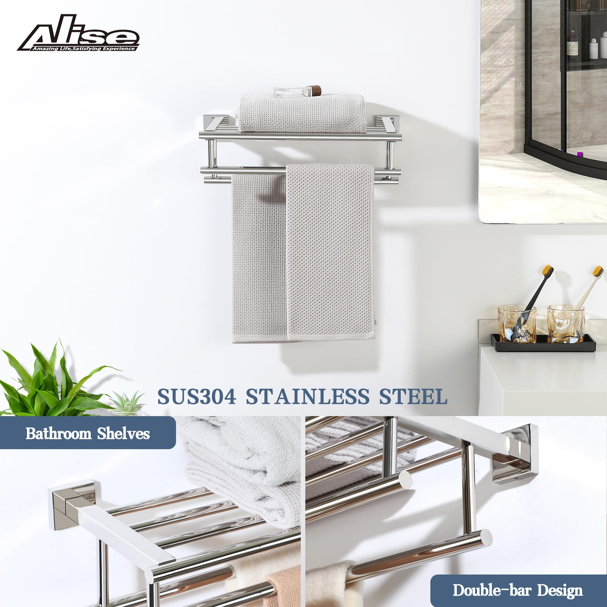Alise Towel Rack,Towel Hanger Towel Shelf With Double Towel Bars For Bathroom Lavatory,16 Inch Sus 304 Stainless Steel Wall Moun