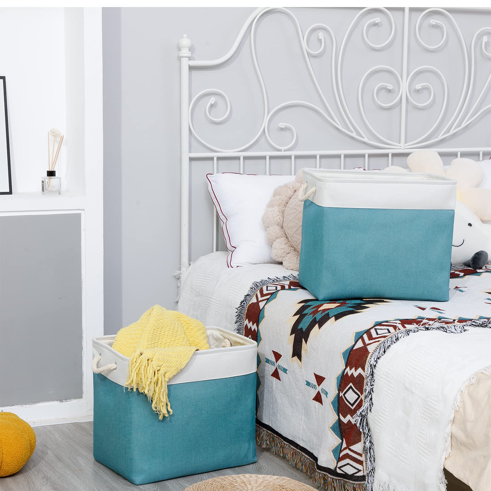 Bidtakay Storage Baskets Extra Large 17X12X15 In Teal Blue Nursery Toy Baskets Fabric Long Shelf Baskets For Organizing Set Of 2