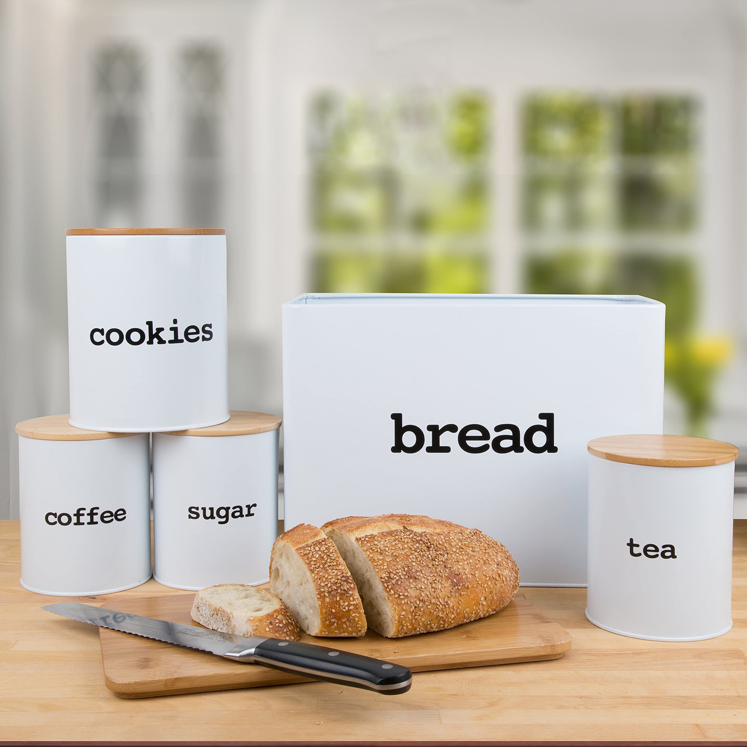 Canister Set For The Kitchen (5 Pieces)- White Tin Organizers W Air Tight Lids- Tea Sugar Coffee, Cookie Jar, Breadbox & Bonus B