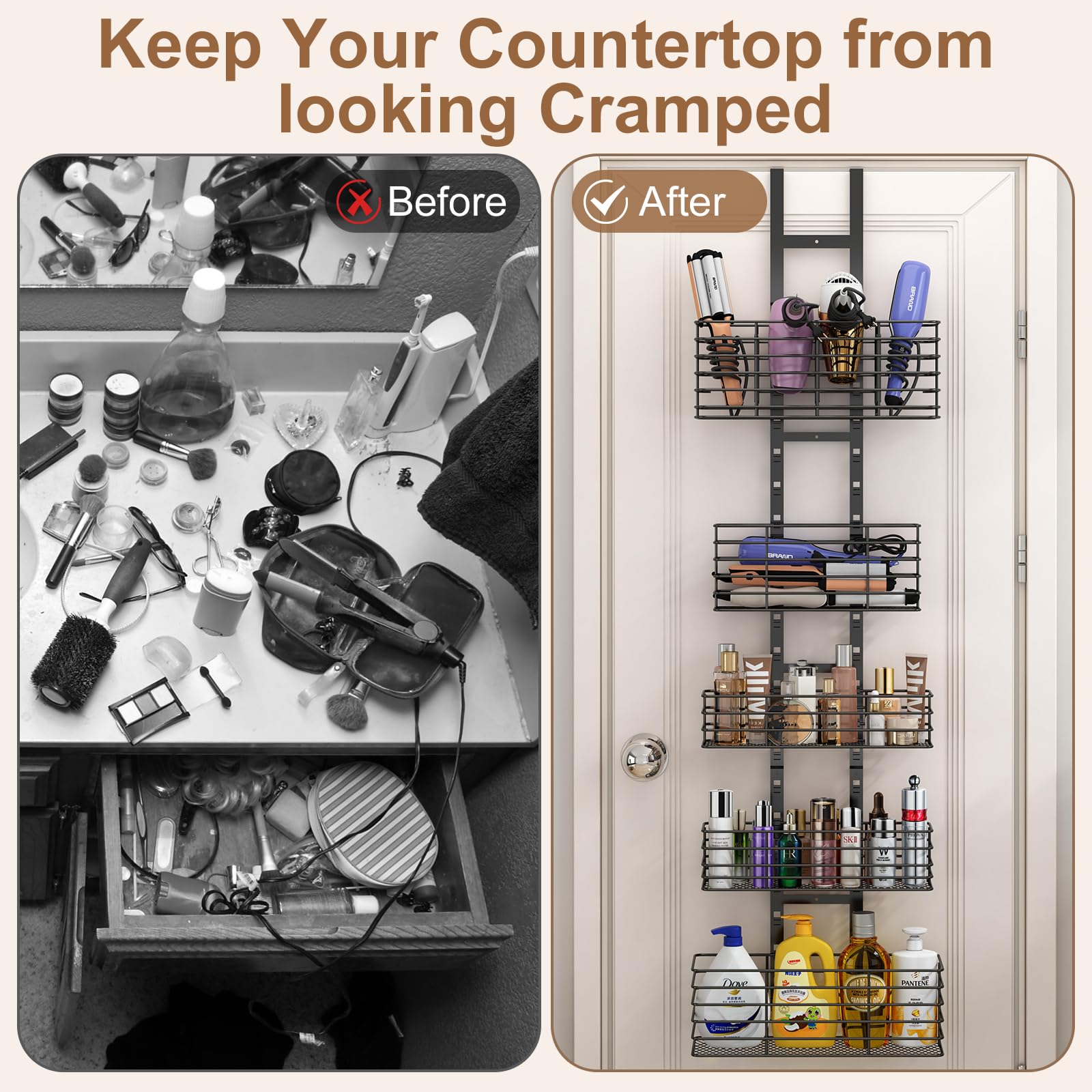 5-Tier Over The Door Bathroom Organizer - Hair Dryer Holder - Hair Tool Organizer Adjustable Height, Diy Bathroom Storage Shelf