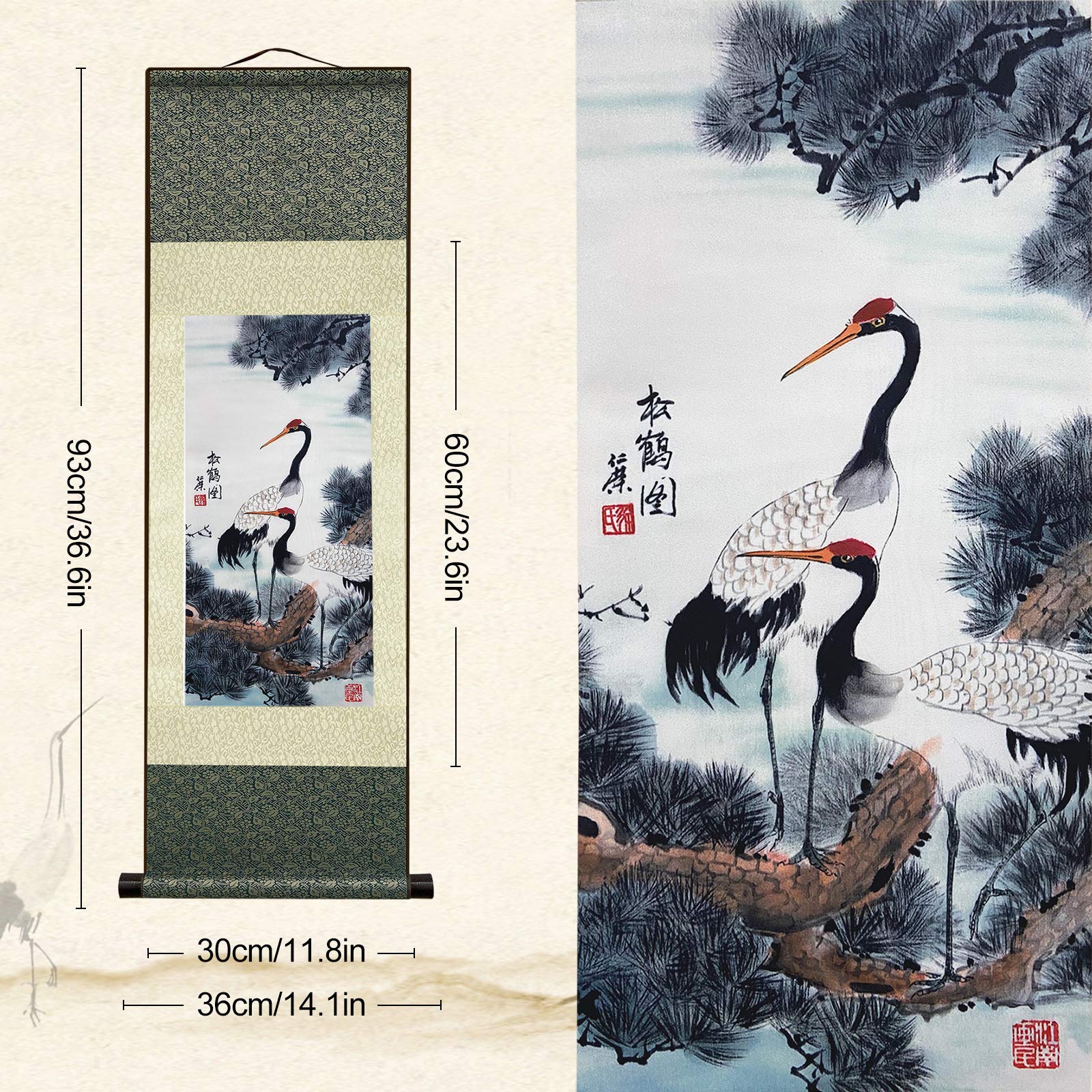 AtfArt Asian Wall Silk Scrolls Decor Beautiful Painting White Crane - Red Crowned Crane - Grus Japonensis Oriental Decor Chinese Art Wall Scroll Wall Hanging Painting Scroll (39 x 12 in)
