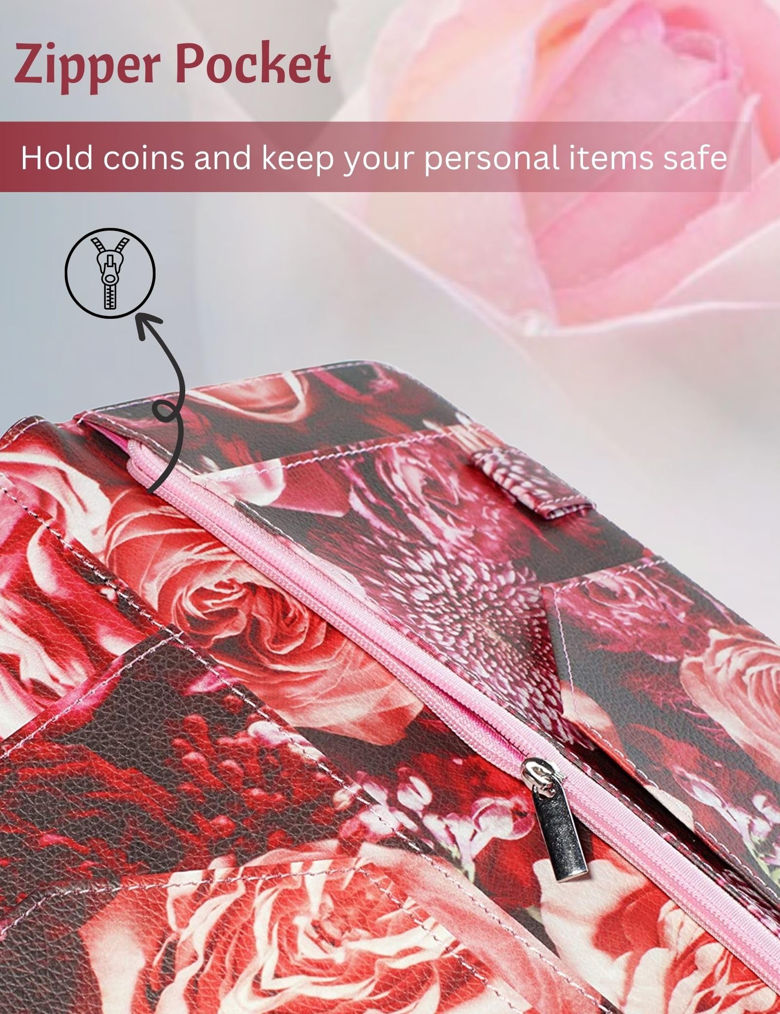 Server Book for Waitress with Zipper and Magnetic Pocket 5'' X 9'' Rose Flower Waitress Book Red Waiter Book Wallet Restaurant Waitstaff Organizer Fit Server Apron with Money Pocket