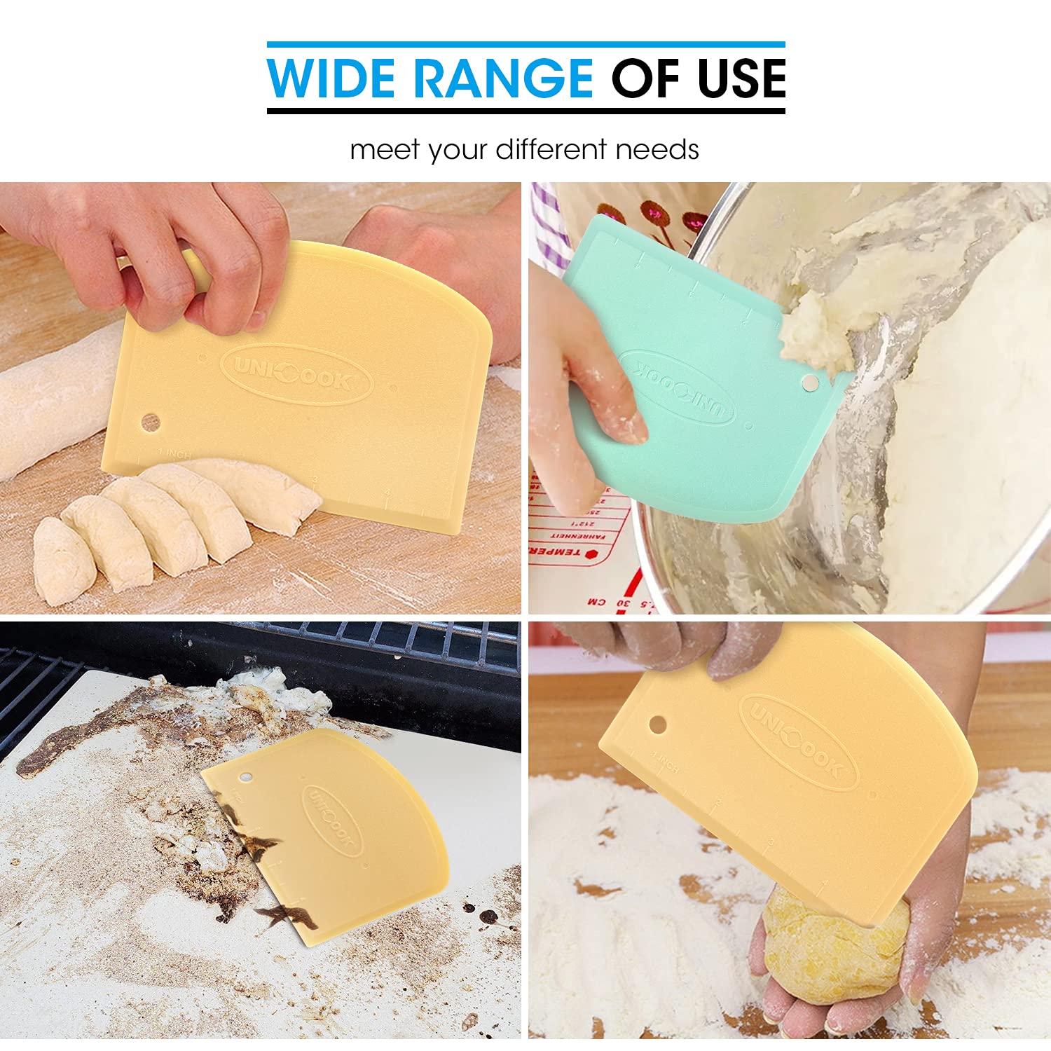Unicook Dough Scraper, Flexible Bowl Scraper, Nonslip Bench Cutter With Measurement, Pastry Chopper, Multipurpose Kitchen Tool F