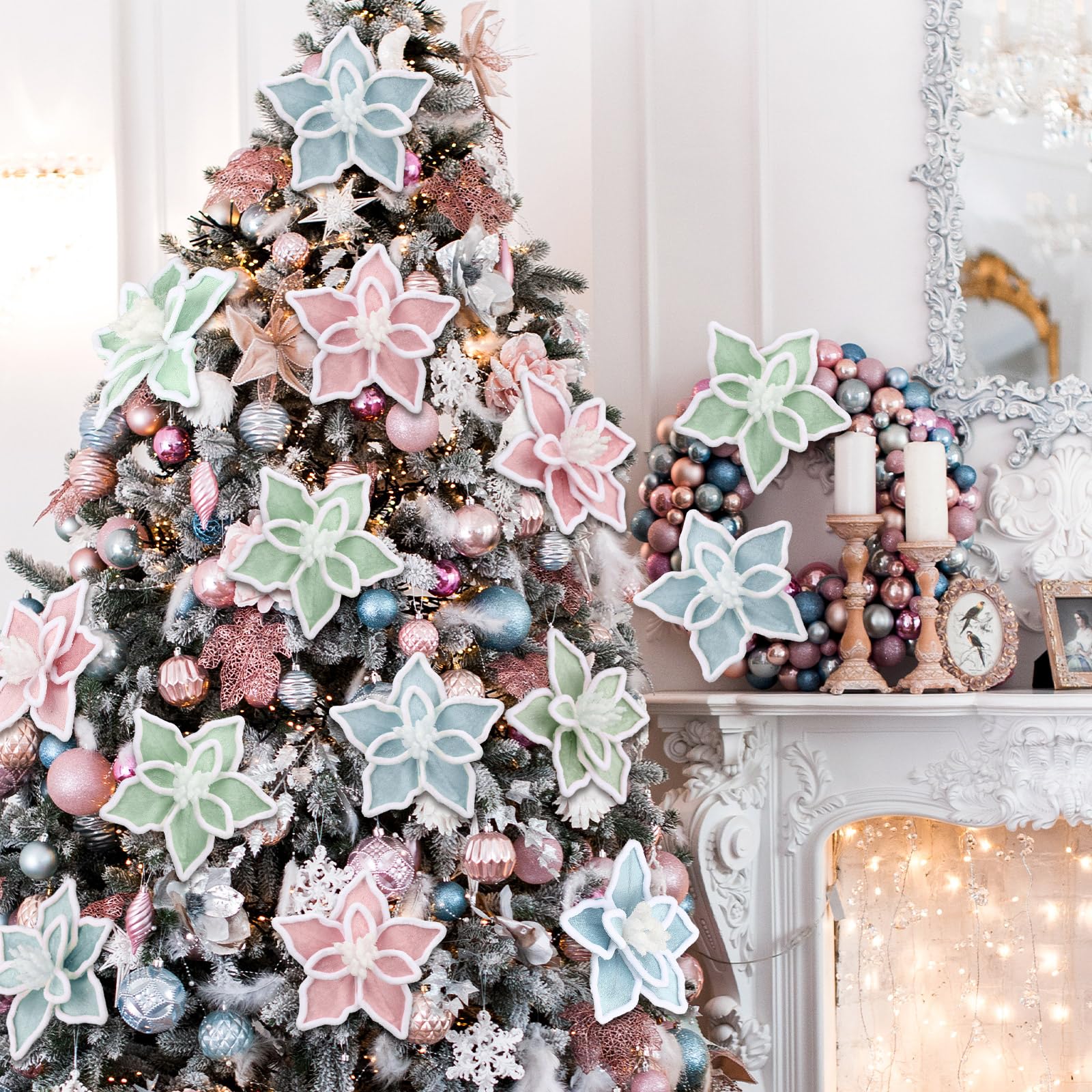 Bucherry 12 Pcs Candyland Christmas Tree Decorations, 6 Inch Silk Pastel Poinsettia Artificial Flowers with Clips Colorful Candy