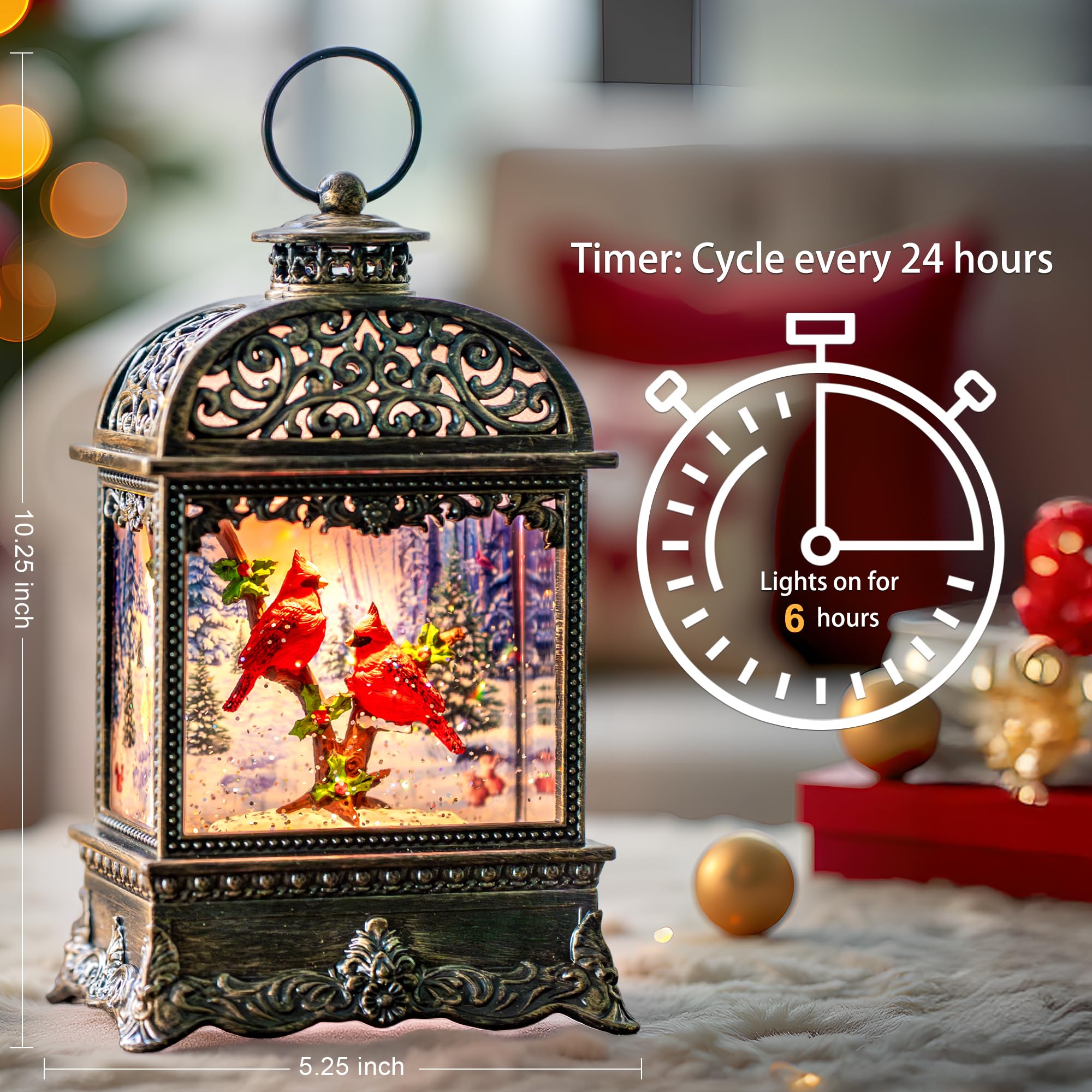 Christmas Snow Globe Water Lantern with Cardinal Scene Battery Operated or USB Powered Musical Lighted Holiday Decoration for Ta