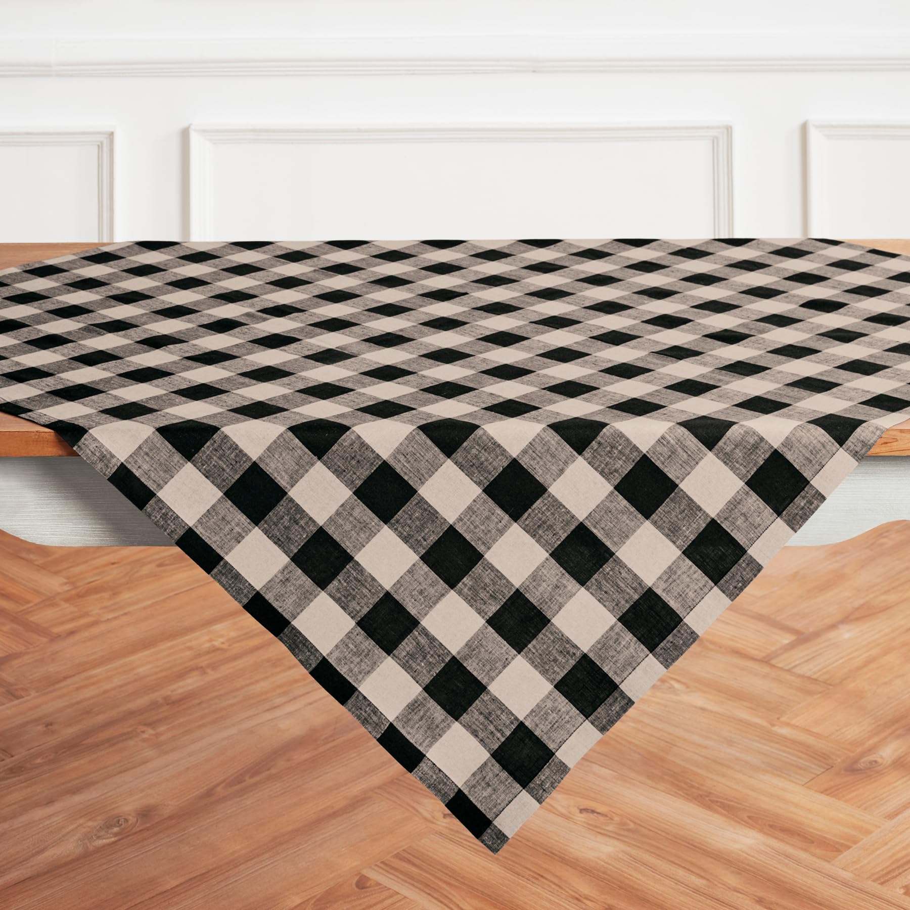 Solino Home Buffalo Check Linen Square Tablecloth 52 X 52 Inch - 100% Pure Linen Natural And Black Plaid Table Throw - Machine W