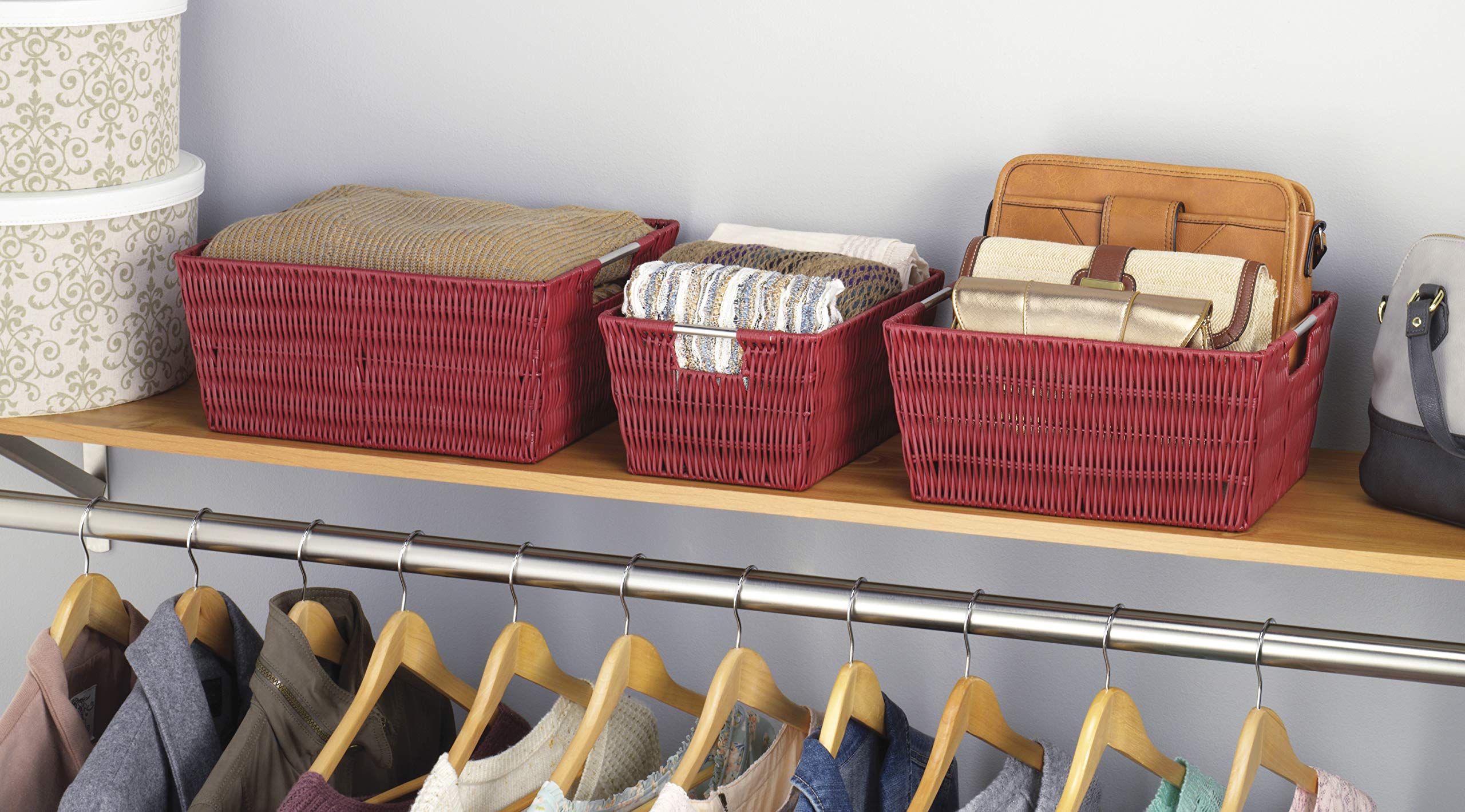 Whitmor 3 Pack Storage Baskets, Large Woven Baskets For Storage Shelves Home, Pantry Baskets Organization And Storage, Red.