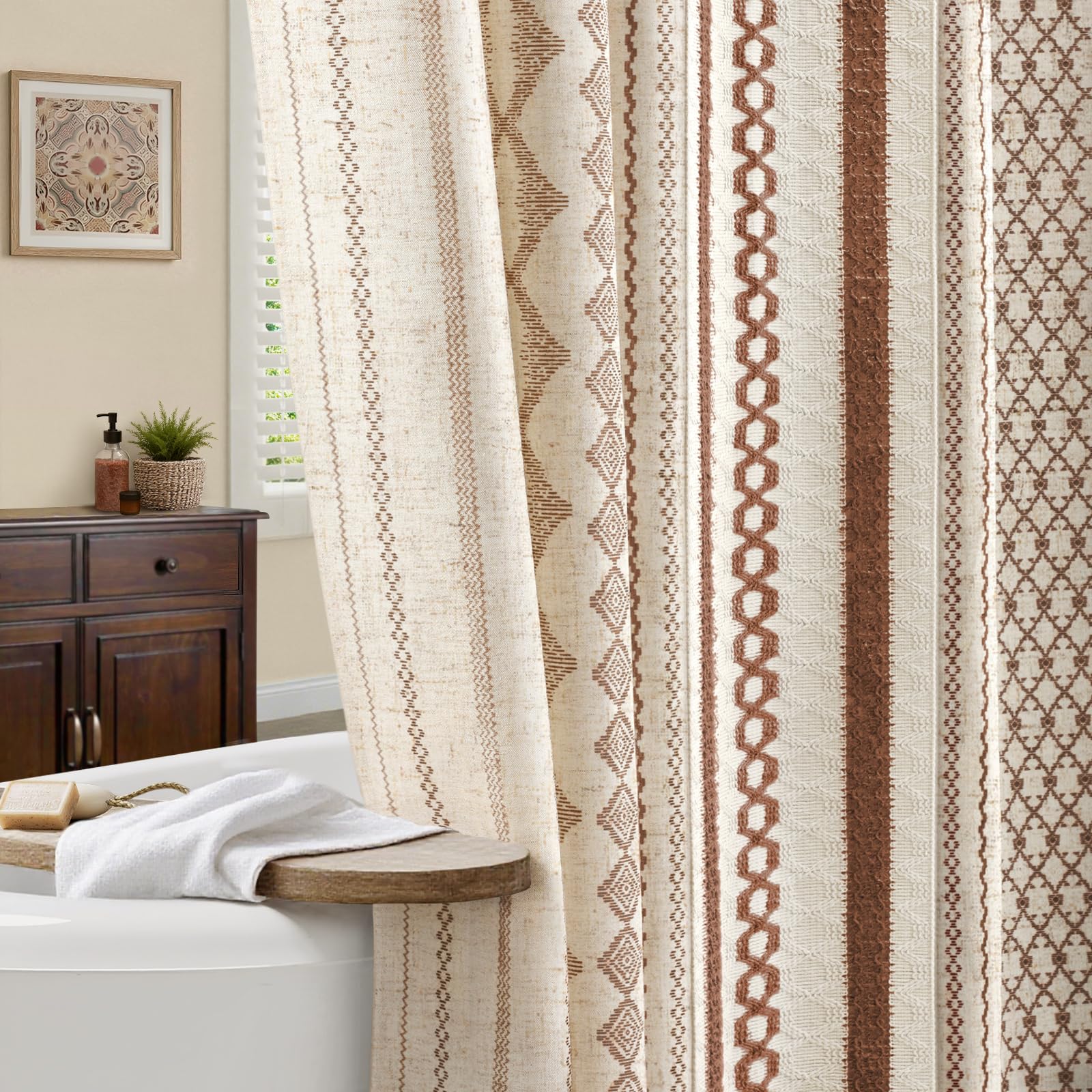 Nddycu Boho Linen Shower Curtain For Bathroom,Brown With Striped Print And Twine-Inspired Woven Center,72 W X 72 L
