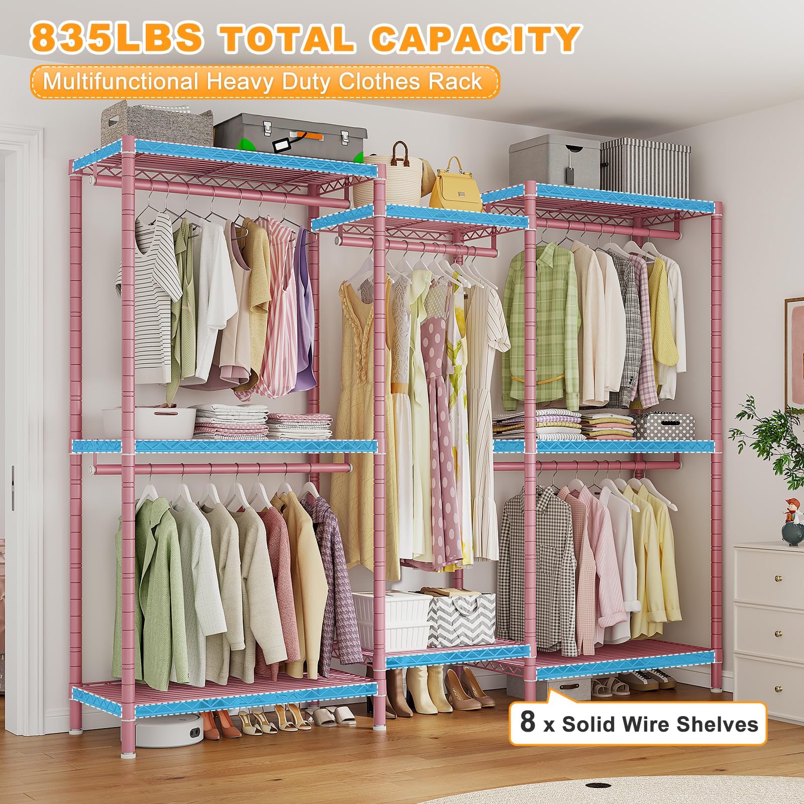 Raybee Pink Clothes Rack, Heavy Duty Clothing Racks For Hanging Clothes Load 835Lbs, Metal Freestanding Closet, Clothing Rack He