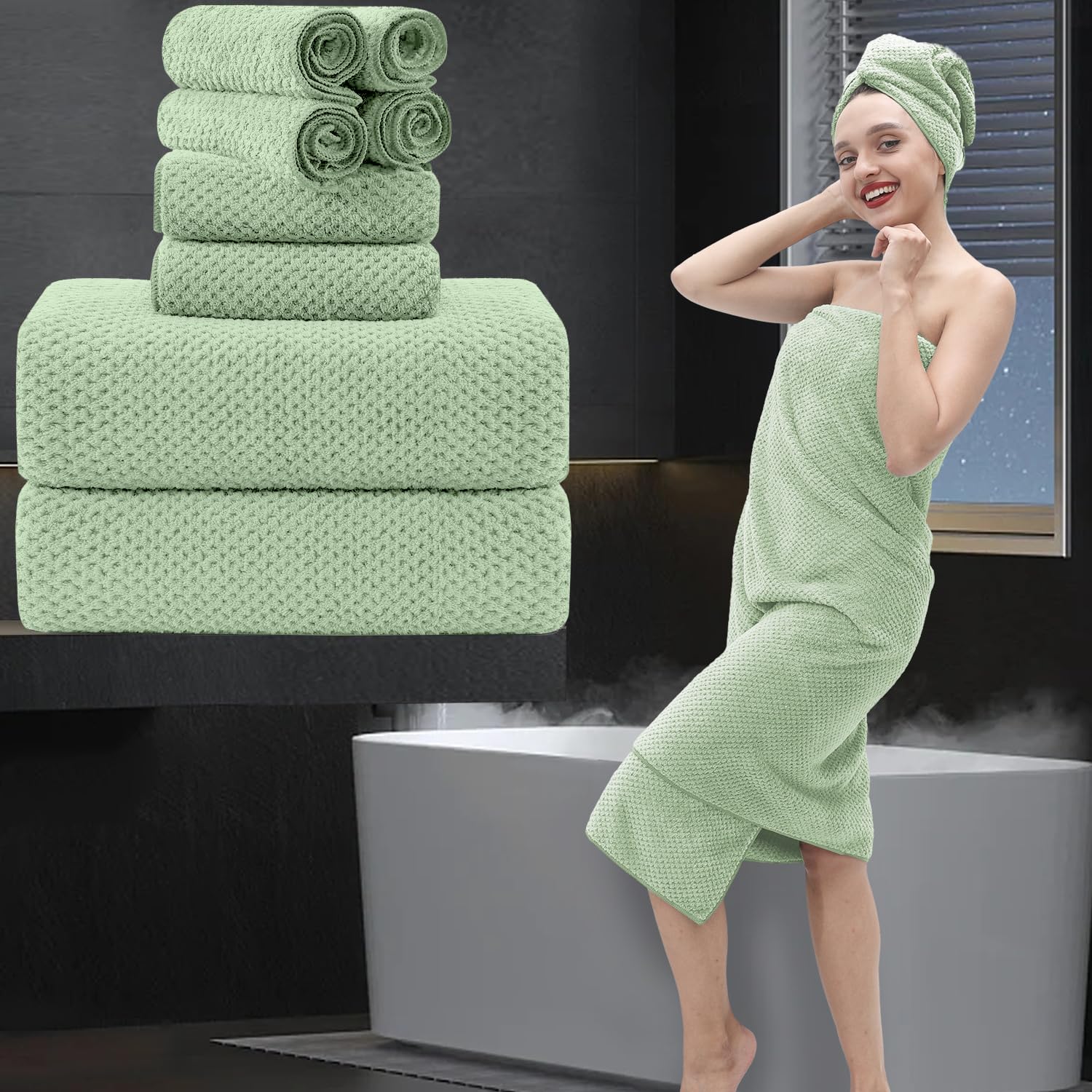 8 Piece Bathroom Towel Set Green 2 Oversized Large Bath Towels Sheet 2 Hand Towels and 4 Washcloths 600GSM Ultra Soft Luxury Premium Towel Set Highly Absorbent Quick Dry Hotel Towel Collection