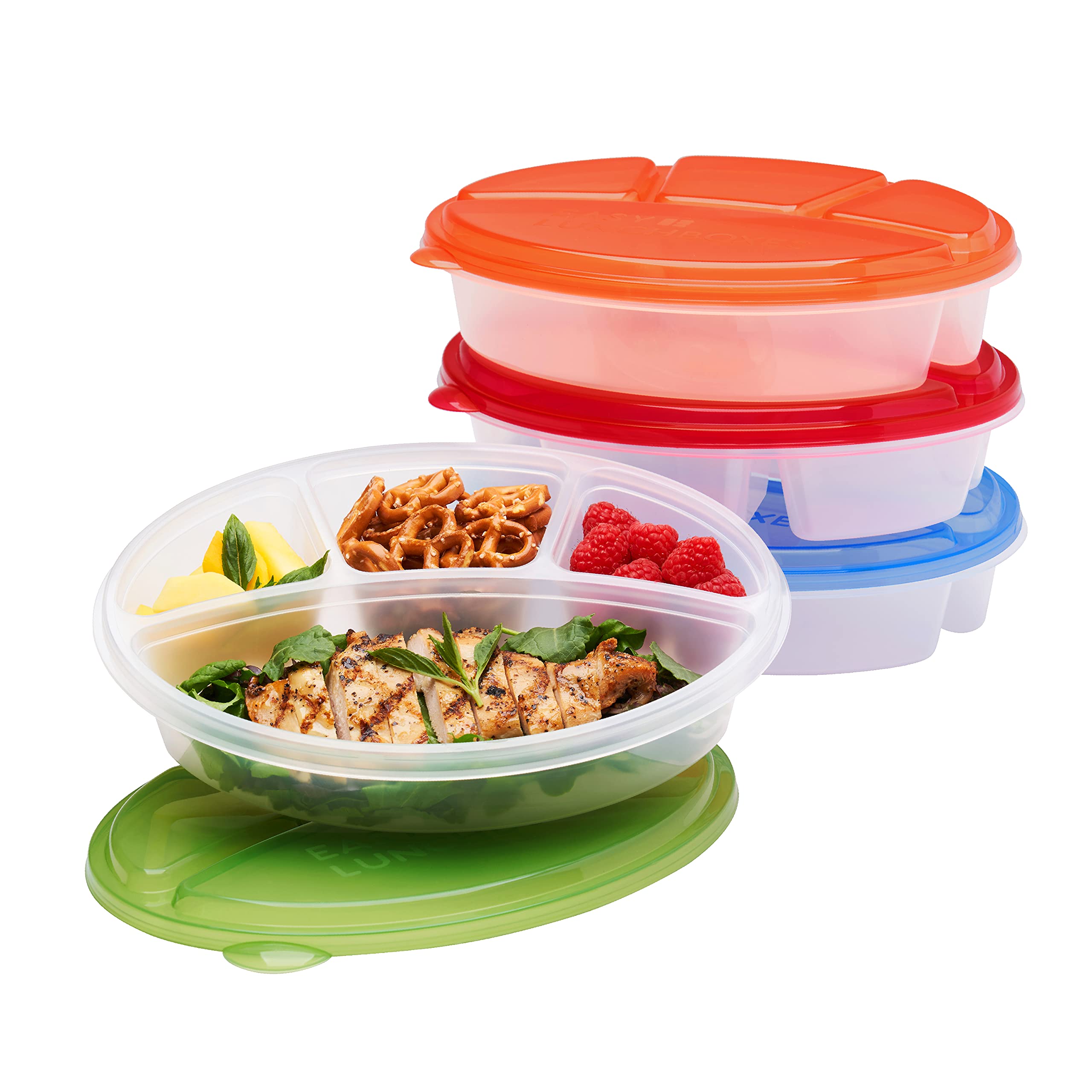 Easylunchboxes - Oval Lunch Boxes - Reusable 4-Compartment Food Containers For Work, Travel And Meal Prep, Set Of 4, (Classic)