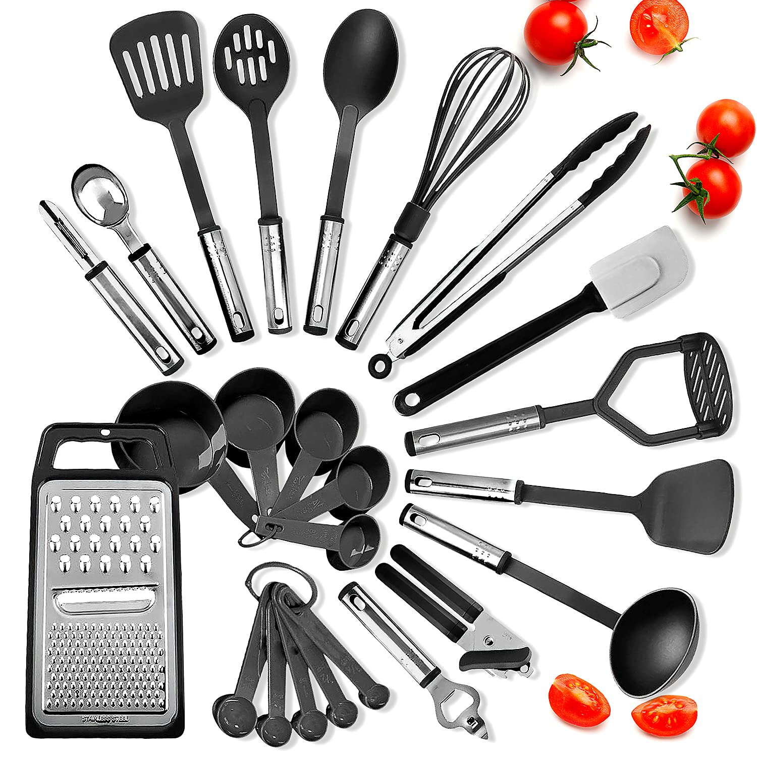 Kitchen Utensils Set - 24 Pcs Nylon Cooking Utensils Set, Kitchen Spatula Set With Stainless Steel Handles - Heat Resistant Non-