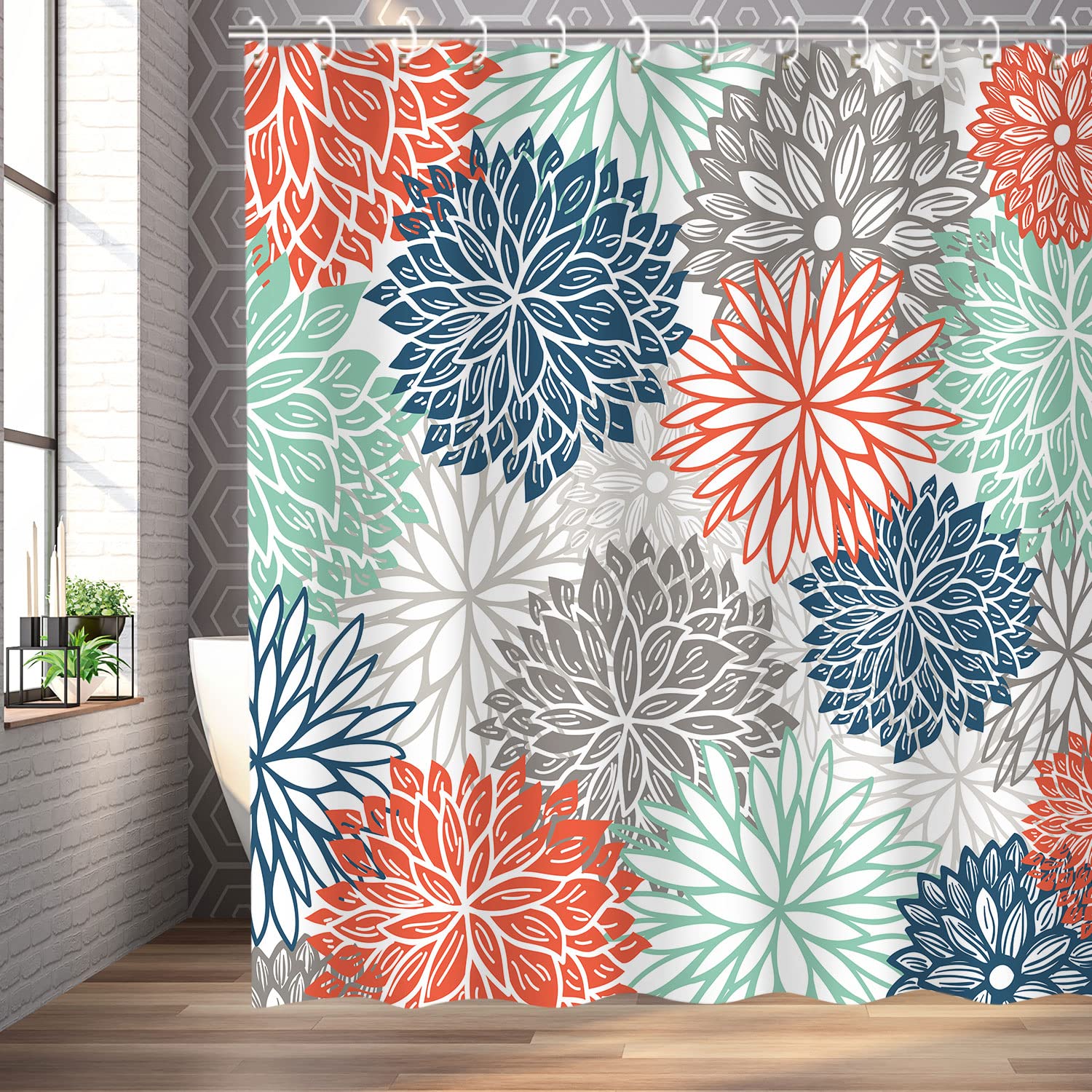 Rosielily Floral Shower Curtain Dahlia Shower Curtains Set With 12 Hooks Flower Shower Curtain Teal And Gray Blue Green Shower C