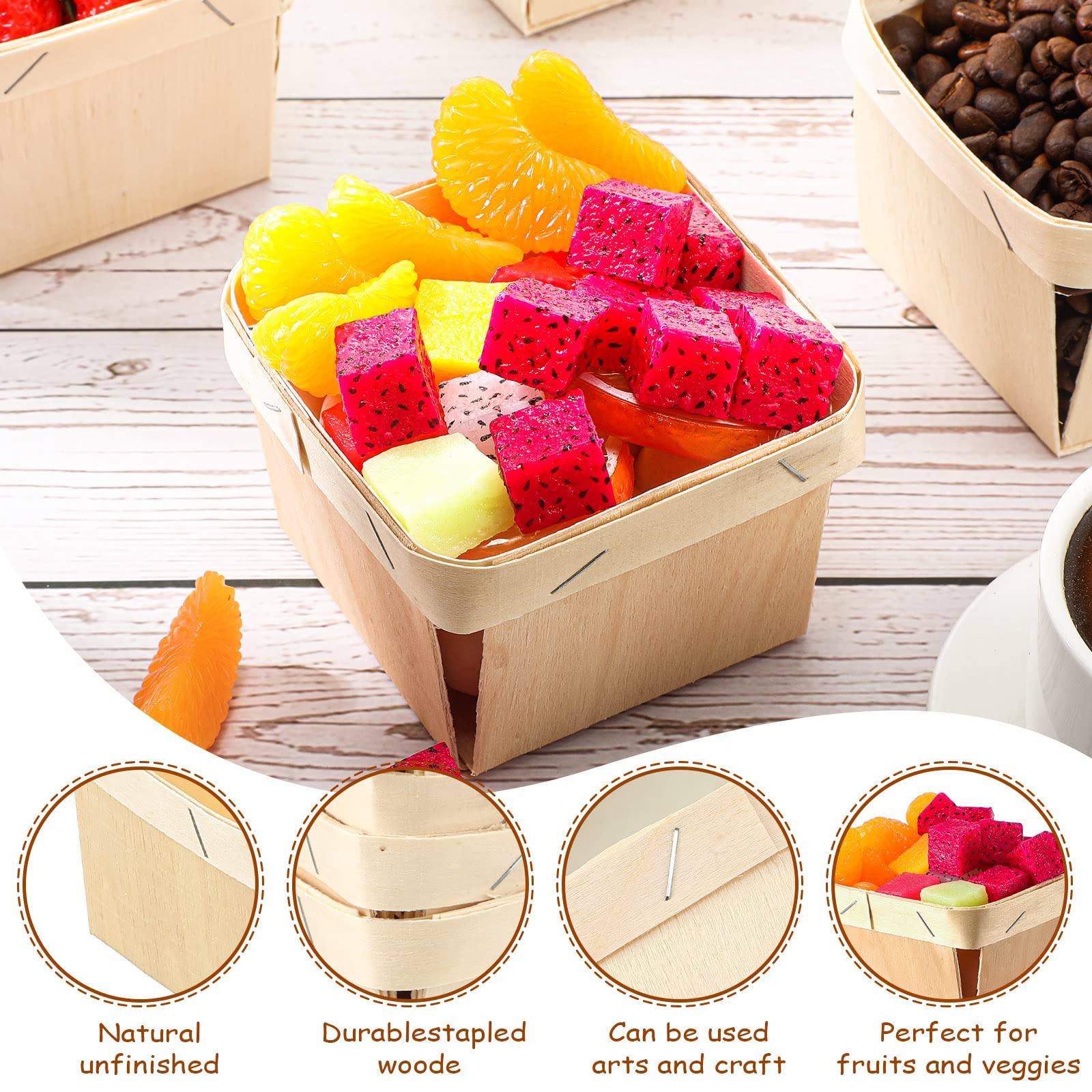 Unittype 30 Pcs One Pint Wooden Gift Baskets Berry Basket Bulk Square Vented Boxes 4 Inch Small Baskets Container Picking Food S