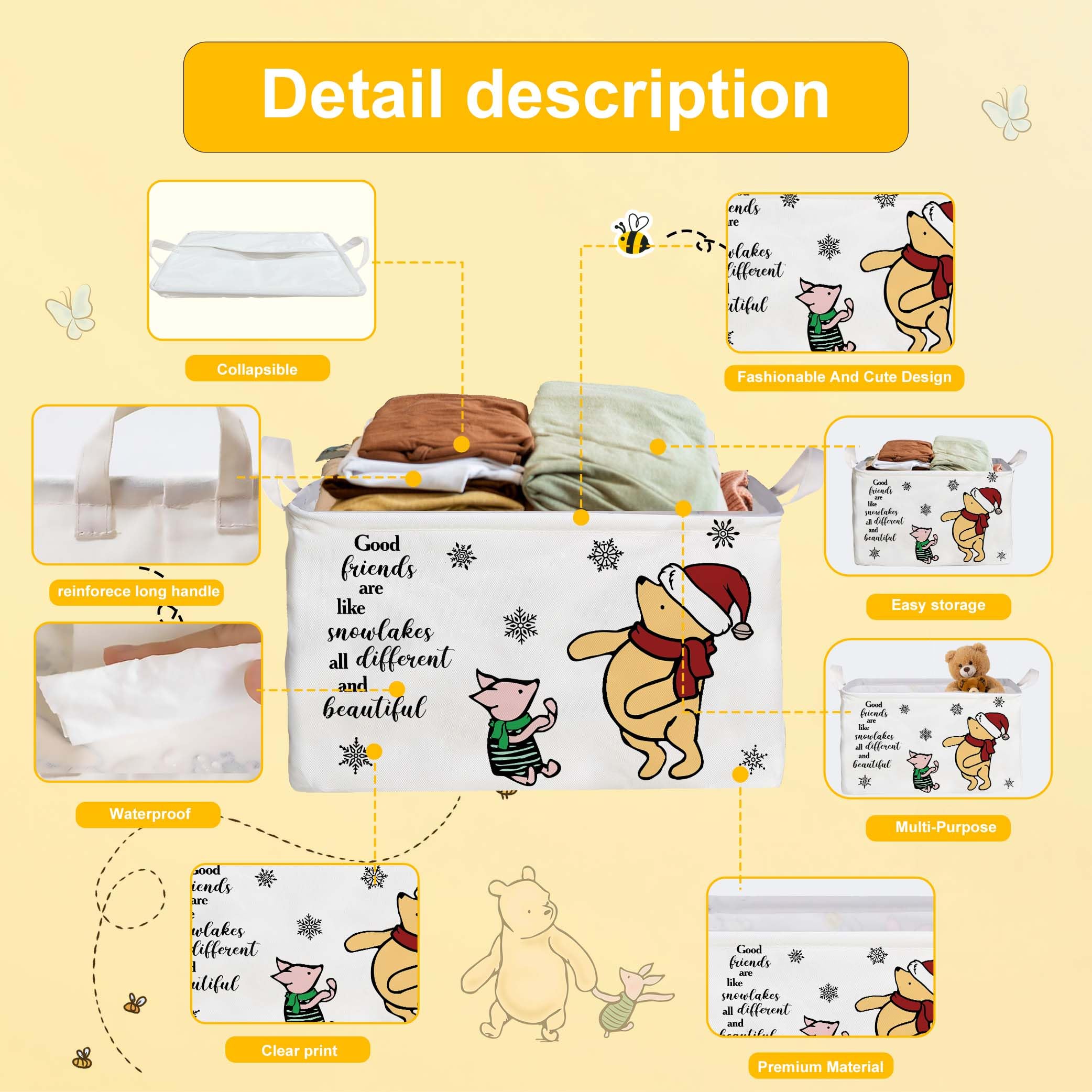 Winnie Theme Christmas Nursery Decor,the Pooh Christmas Gift,Large Canvas Laundry,Hamper Winnie Baby Stuff with A Waterproof PE