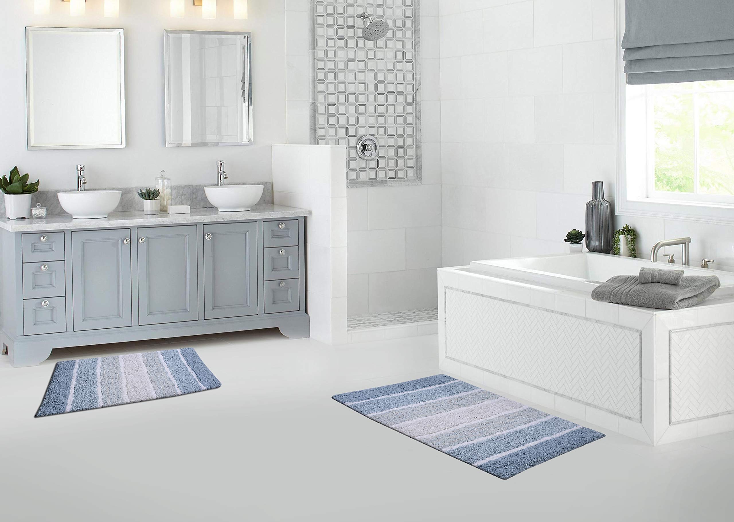 Bathroom Rugs Luxury Stripe Bath Rug Set 21x32-17x24 Blue/White 2Piece Mat Set  Soft Plush Anti-Skid Shower Rug +Toilet Mat.Shaggy Carpet  Super Absorbent mats  Machine Washable Bath Mat
