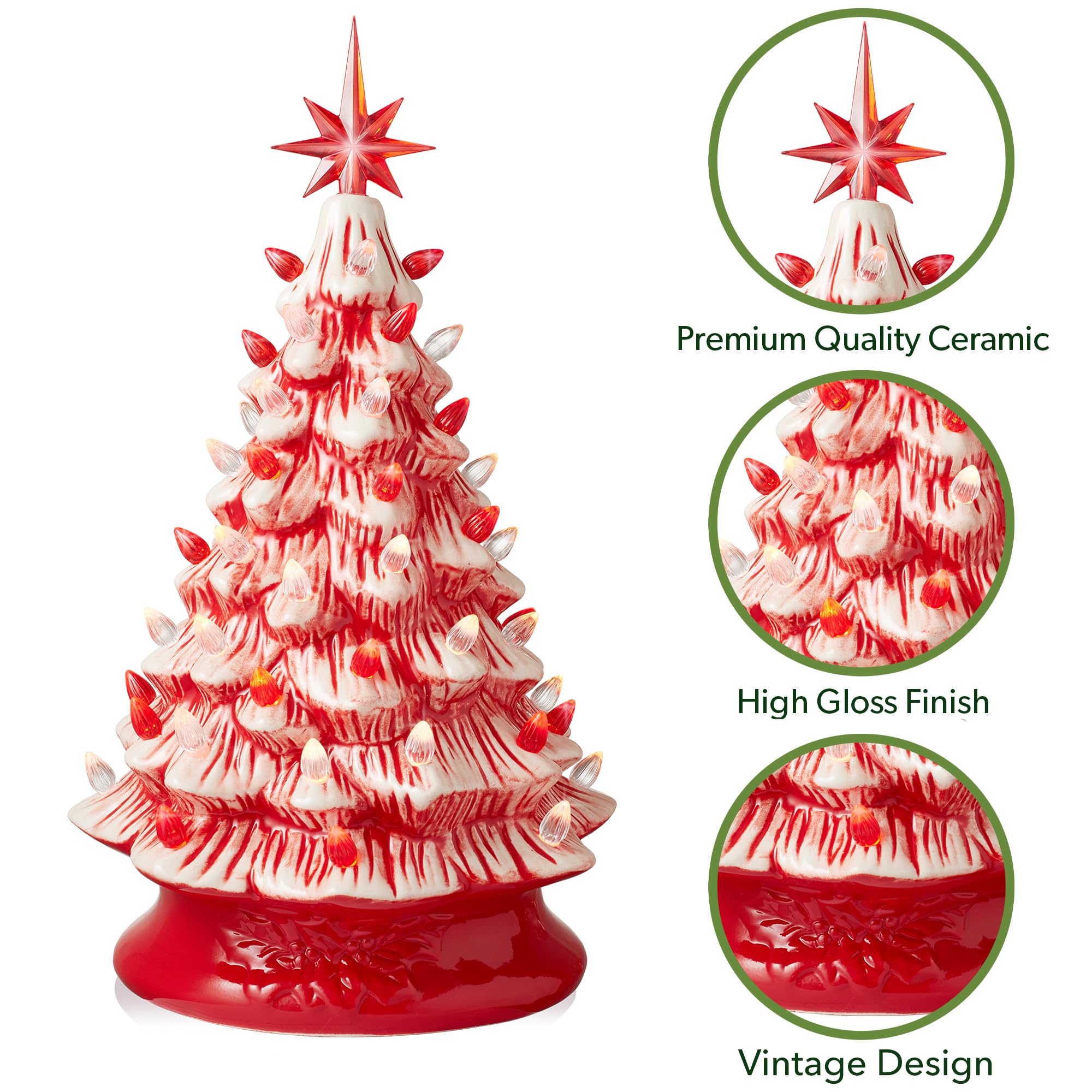 Casafield Hand Painted Ceramic Christmas Tree, Red and White Peppermint 15-Inch Pre-Lit Tree with 128 Red and Clear Lights, 2 St