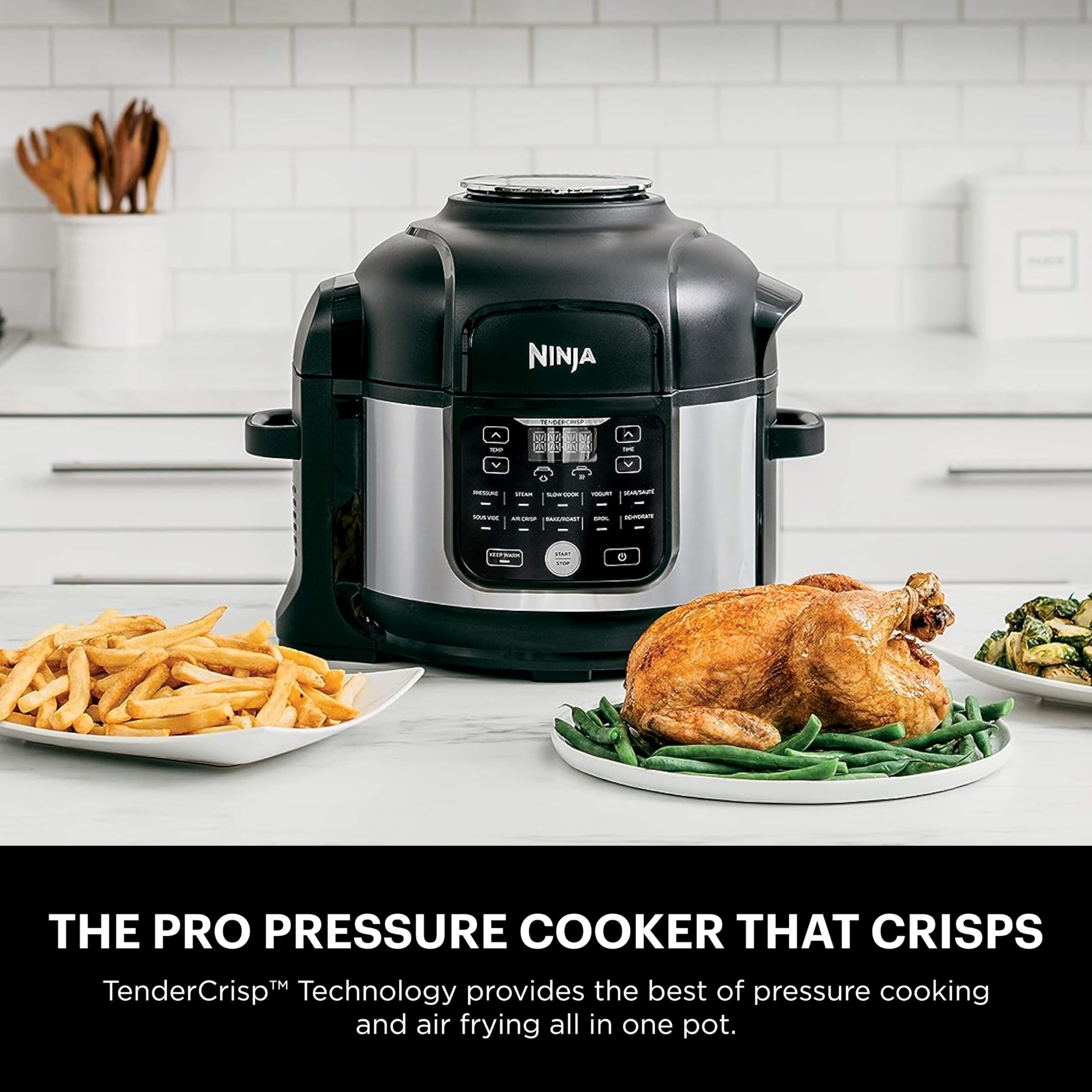 Ninja Foodi 11-in-1 Air Fryer Pressure Cooker FD302, 6.5 qt, Stainless Steel, Black/Silver, Includes Crisper Plate & Recipe Book