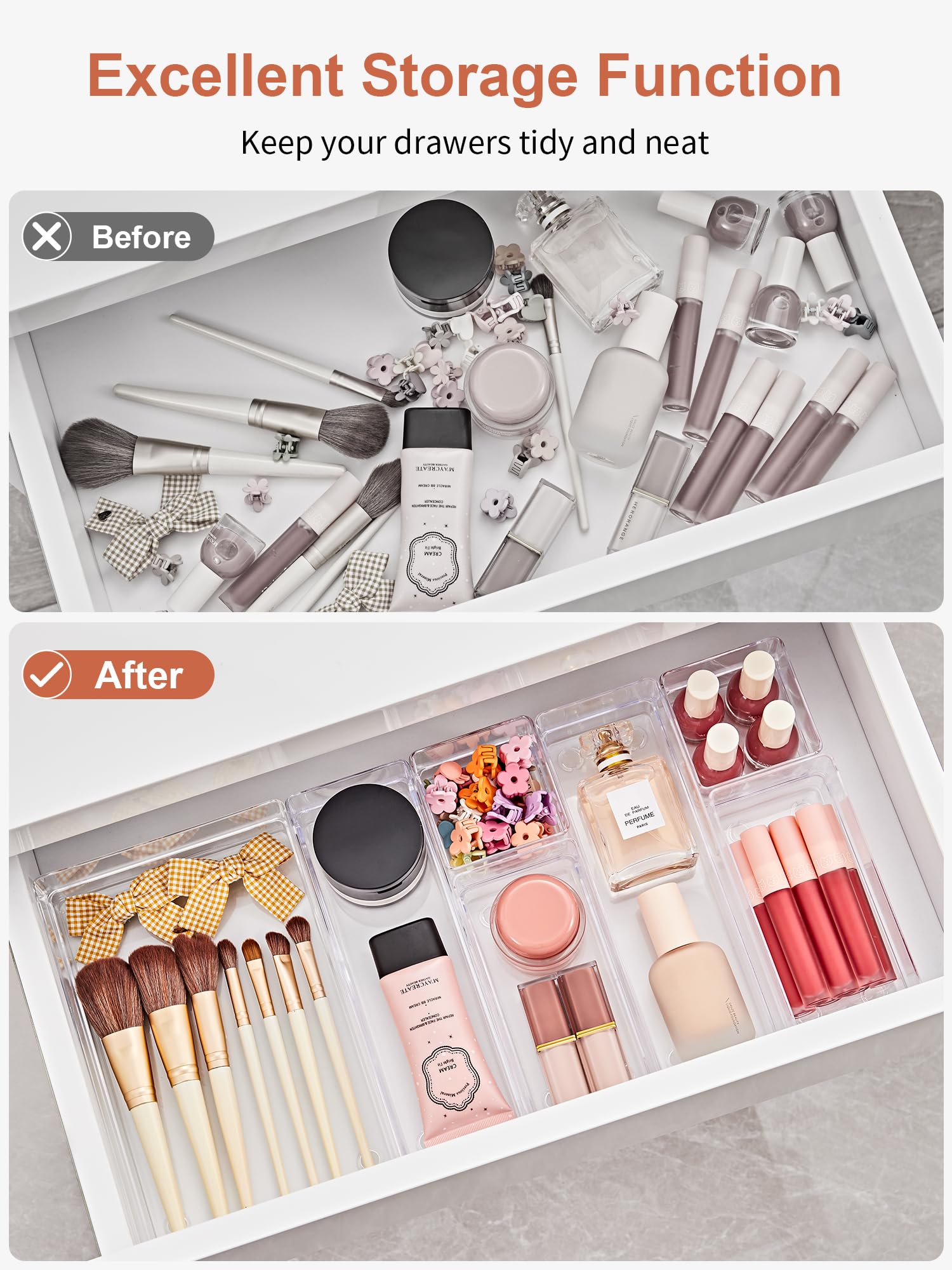 SMARTAKE 37-Piece Drawer Organizer with Non-Slip Silicone Pads, 4-Size Desk Drawer Organizer Trays Storage Tray for Makeup, Jewe