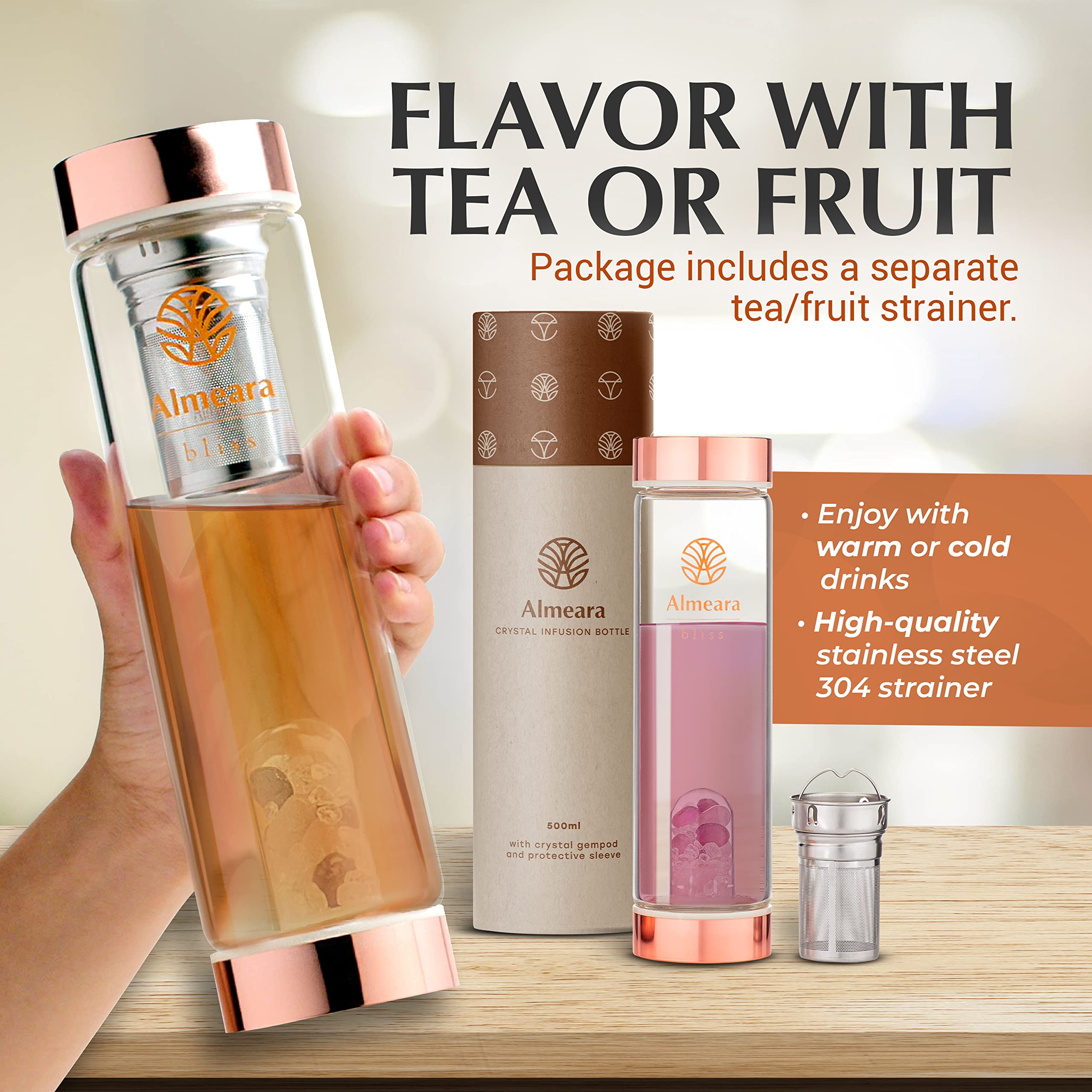 Almeara Crystal Water Bottle | Amethyst, Rose Quartz & Clear Quartz Crystals | Authentic Gemstones - Loose Leaf Tea Infuser - Ge