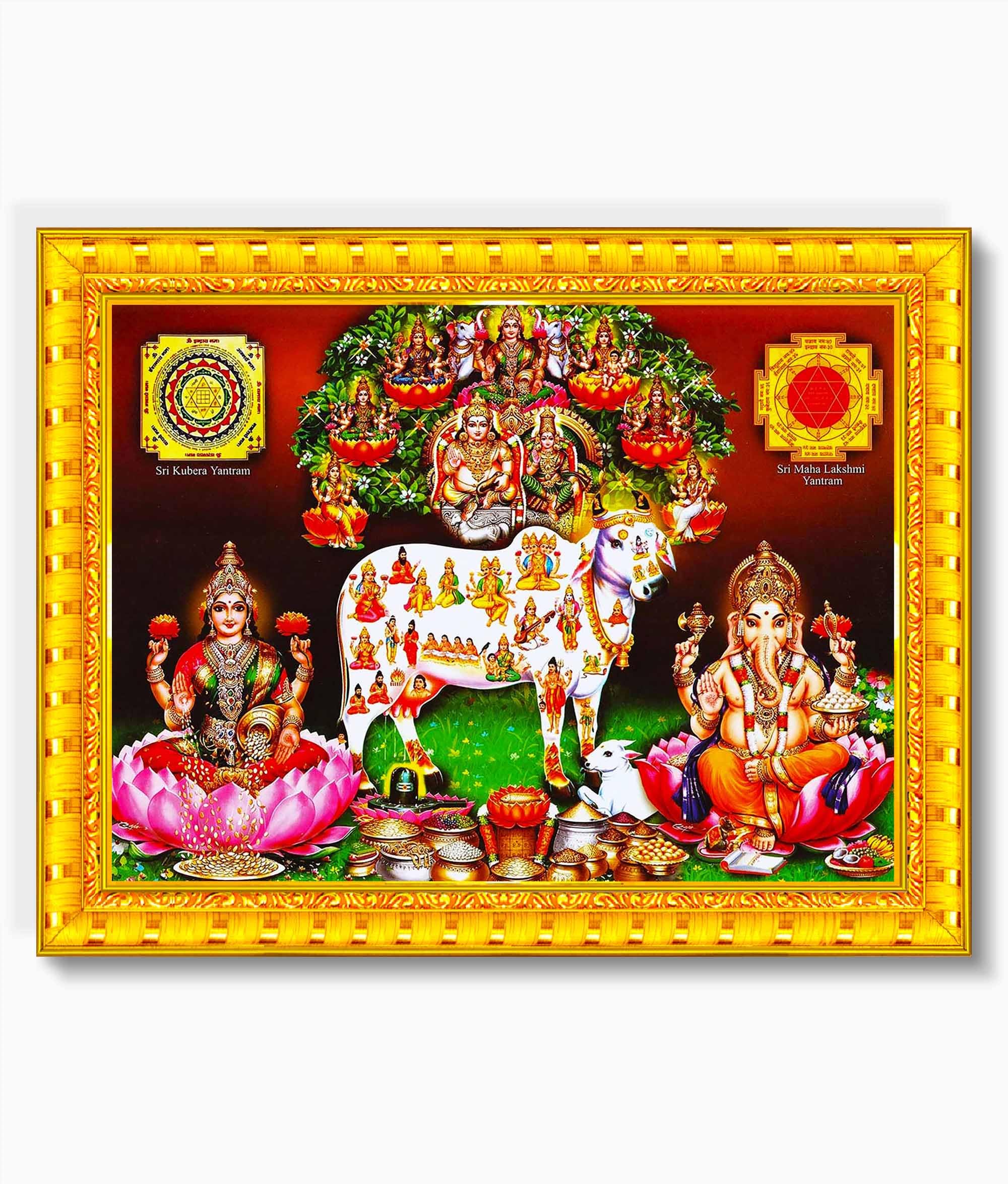 Pavan Photo Laminations Lakshmi Kubera Ganesha Laxmi Devi Yantra Wall Painting Framed Home Decor (Wood,Matte,Gold,Big Size,10 x 