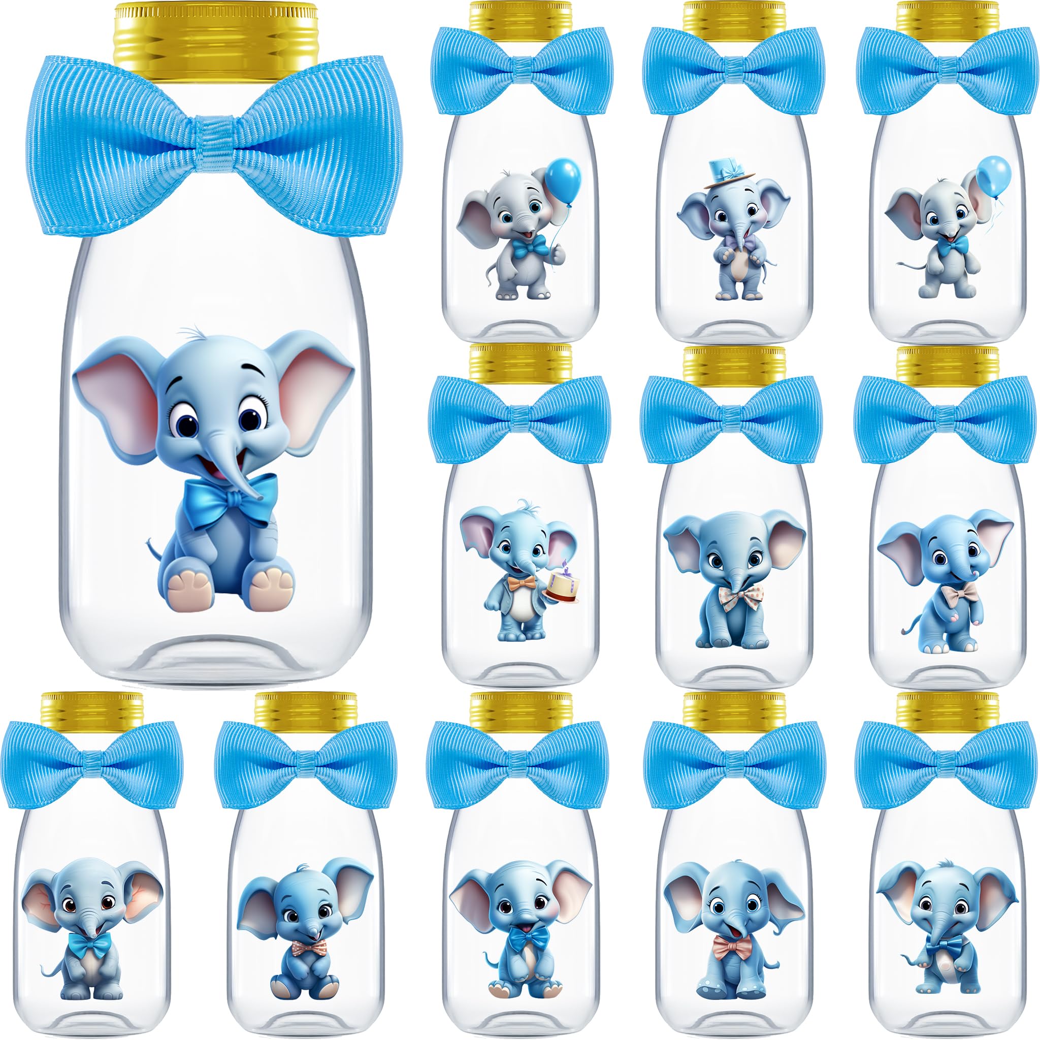 Ethisa Small 12 Pack Blue Elephant Party Favors - Candy Jars with Ribbons and Stickers - DIY Party Decoration Bottles for Baby S