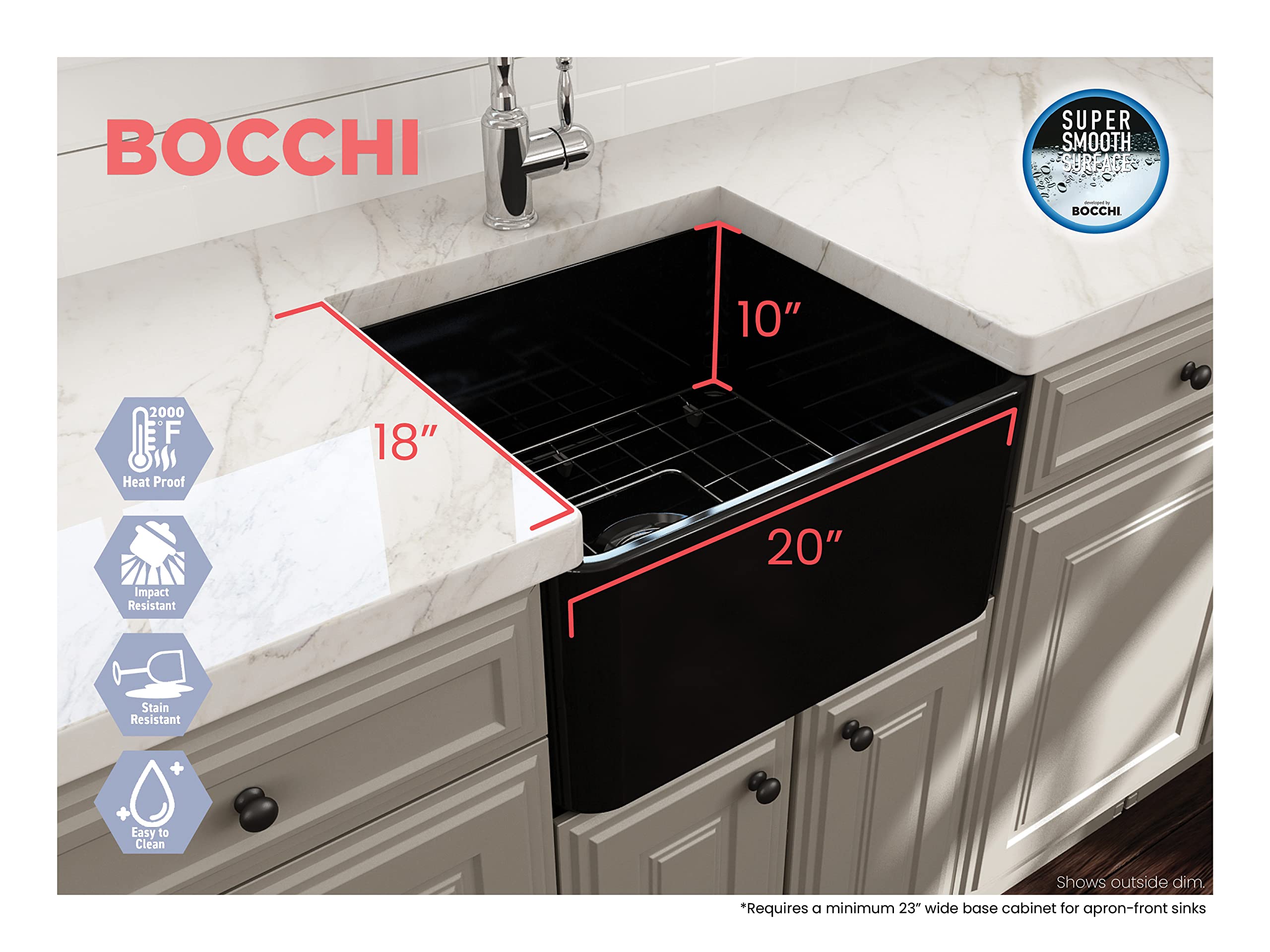 Bocchi Classico Farmhouse Apron Front Fireclay 20 In. Single Bowl Kitchen Sink With Protective Bottom Grid And Strainer In Black