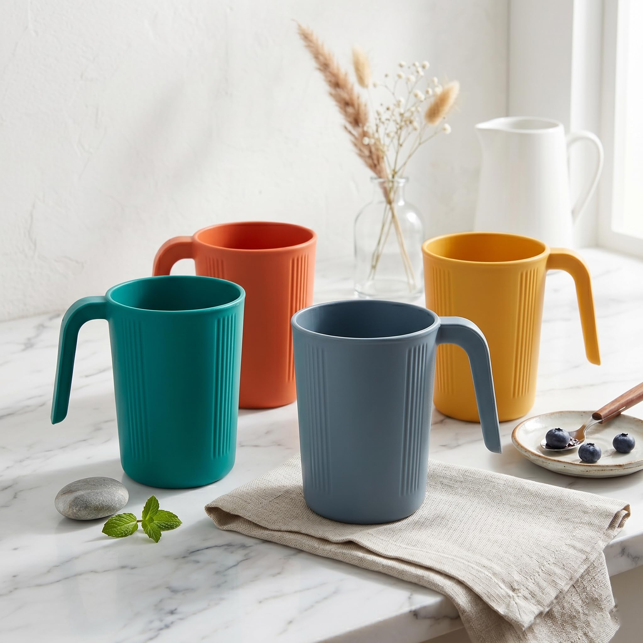 Kitchantique Wheat Straw Cups With Handle  Set Of 4 | 400Ml EcoFriendly Reusable Mugs For Hot & Cold Drinks | Lightweight, Mic