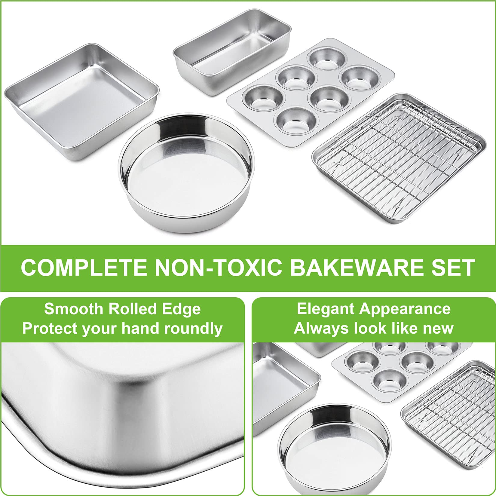 P&P Chef 6-Piece Small Toaster Oven Pan Set, Stainless Steel Bakeware Set, Toaster Oven Tray With Rack, Square/Round Cake Pan, L
