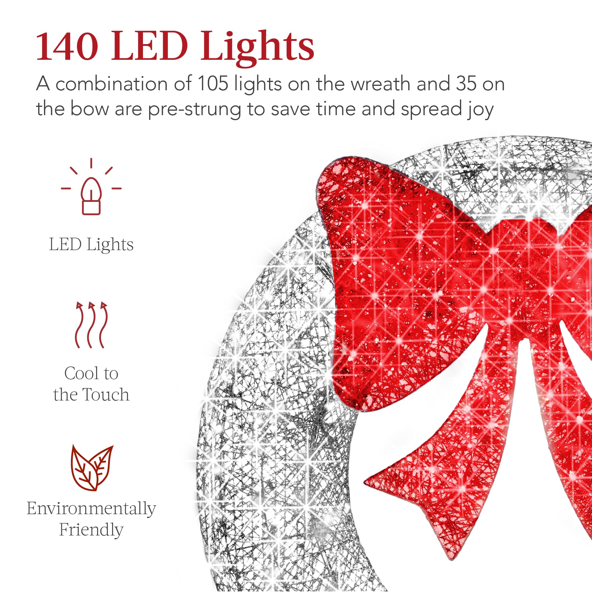 Best Choice Products 48in Pre-Lit Outdoor Christmas Wreath Decoration, LED Metal Holiday Decor for Home w/ 140 Lights, Bow - Sil