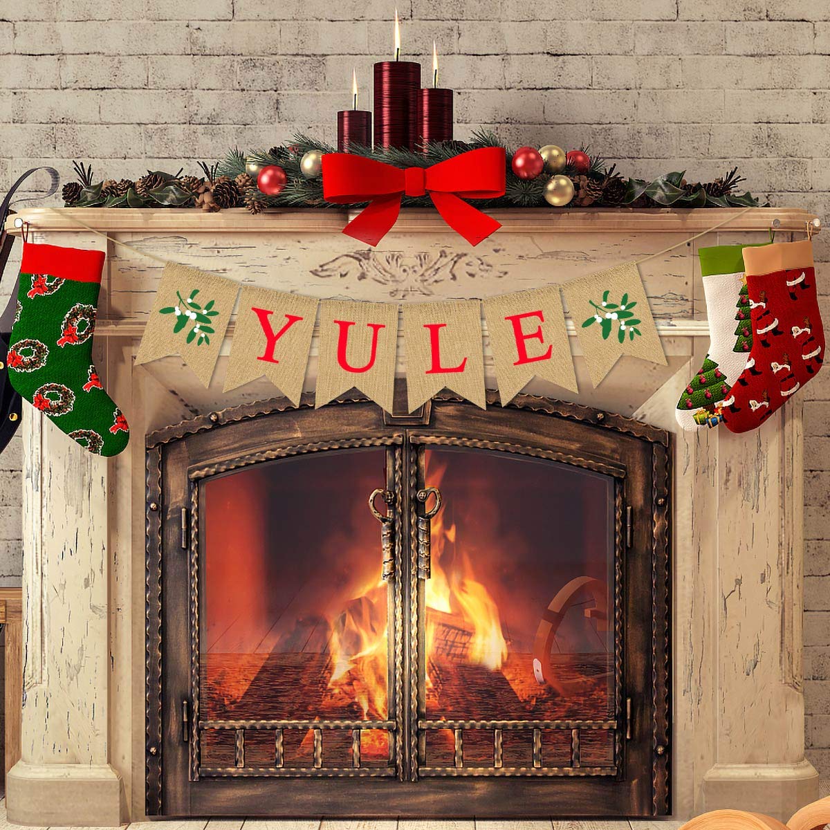 Burlap Yule Banner Pagan Christmas Mistletoe Rustic Winter Farmhouse Fireplace Mantle Decoration