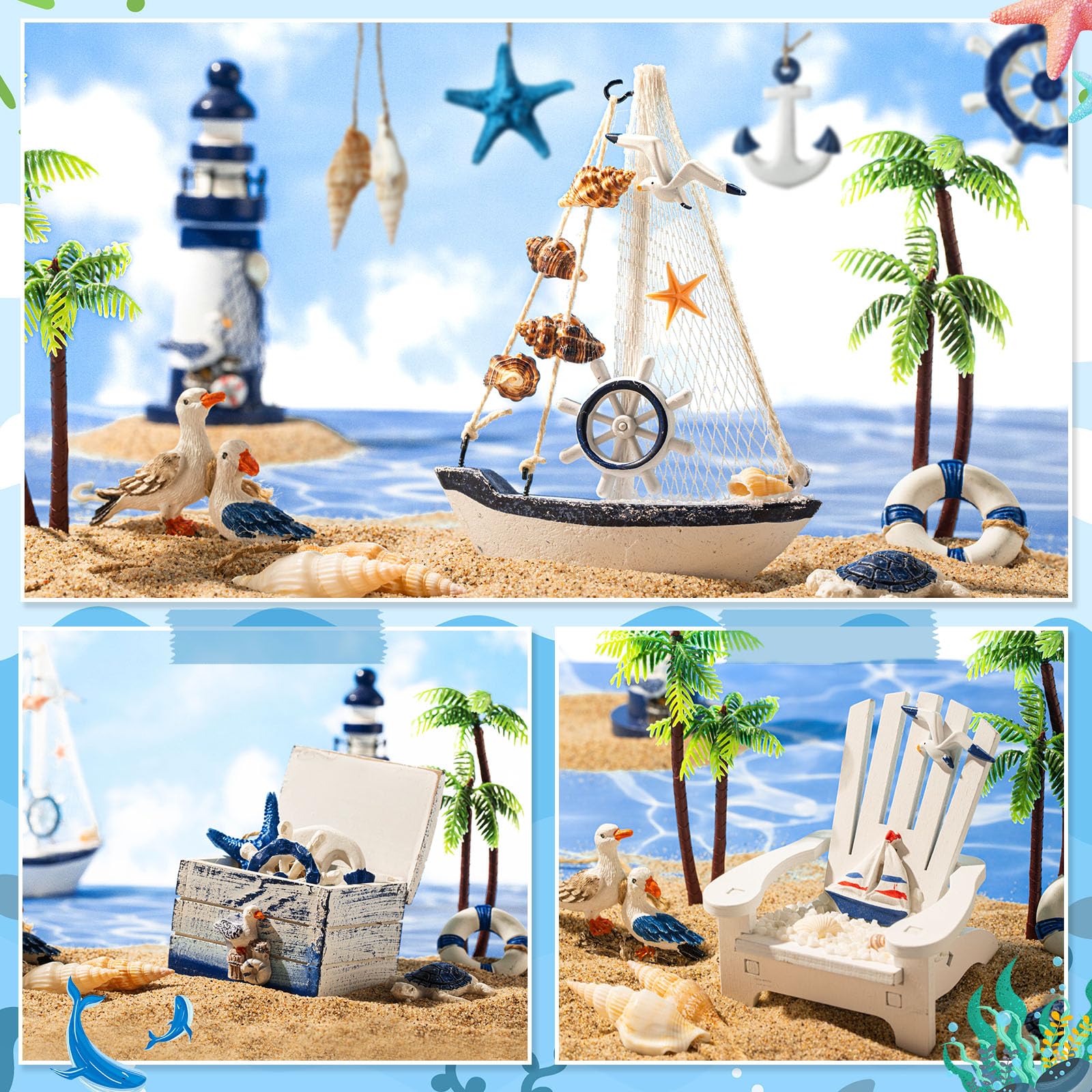 Yousoontic 14 Pack Mini Wood Nautical Home Decor Mediterranean Style Lighthouse, Beach Chair, Sailboat, Wood Box, Anchor, Life R